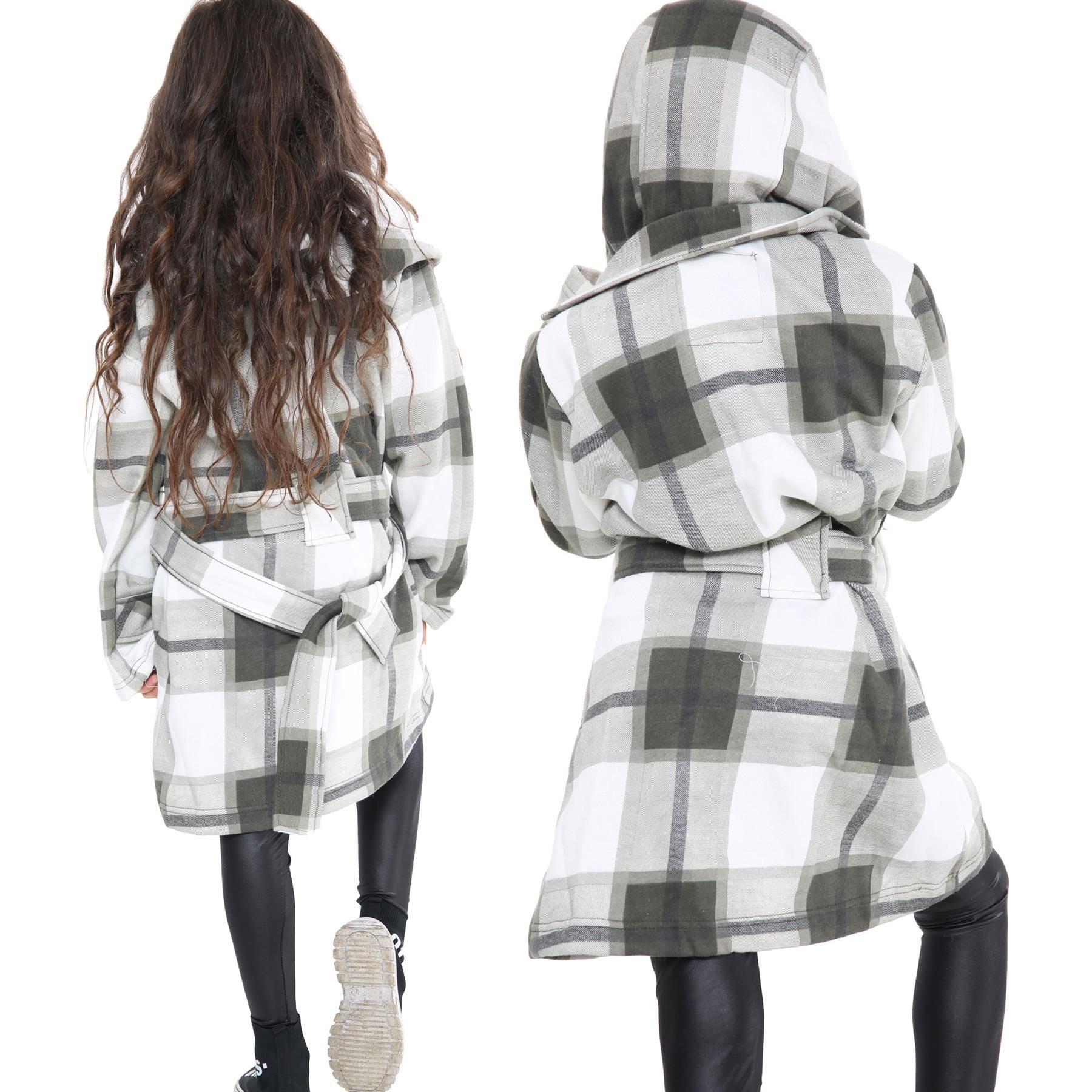 Kids Girls Overcoats Hooded Trench Coats Lapels Olive Check Long Parka Jackets