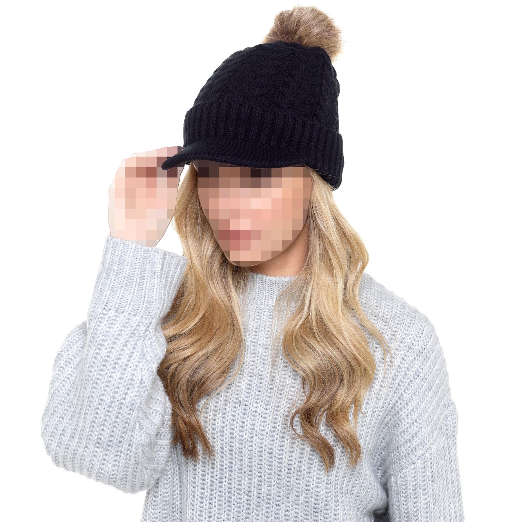 A2Z Ladies Hat Cable Knit Peaked Sherpa Detachable Pom Pom Winter Warm Cozy Caps