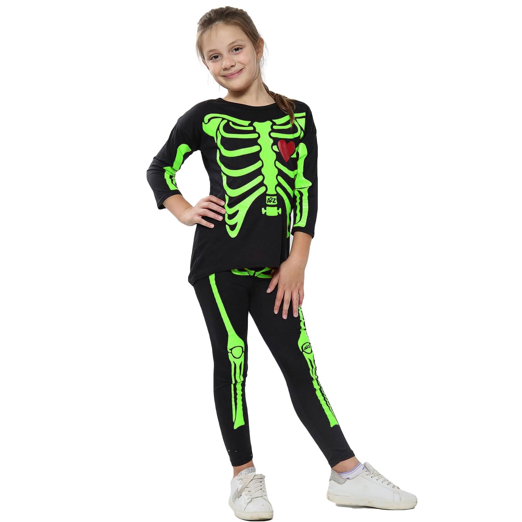 Kids Girls Skeleton Print Halloween Costume Set