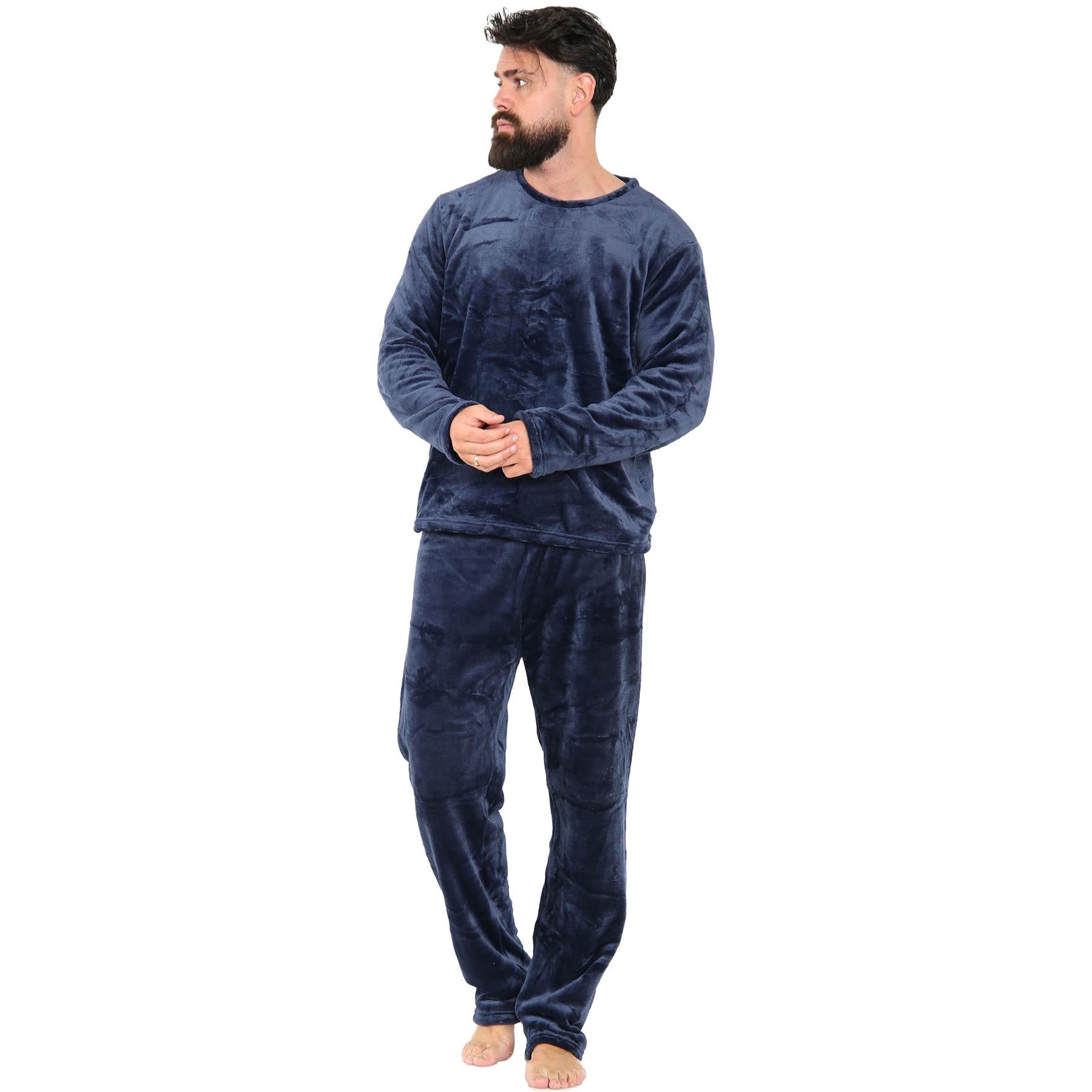 Mens Pyjamas Set Long Sleeve Crew Neck Plain Soft Fleece Pyjamas Set