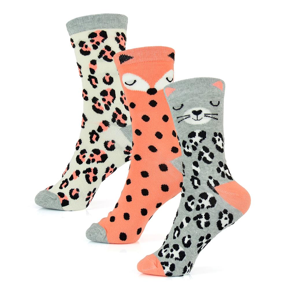 Ladies Leopard Dog Cat Designed Mid Calf Socks Pack of 6 Cotton Rich Striped Socks