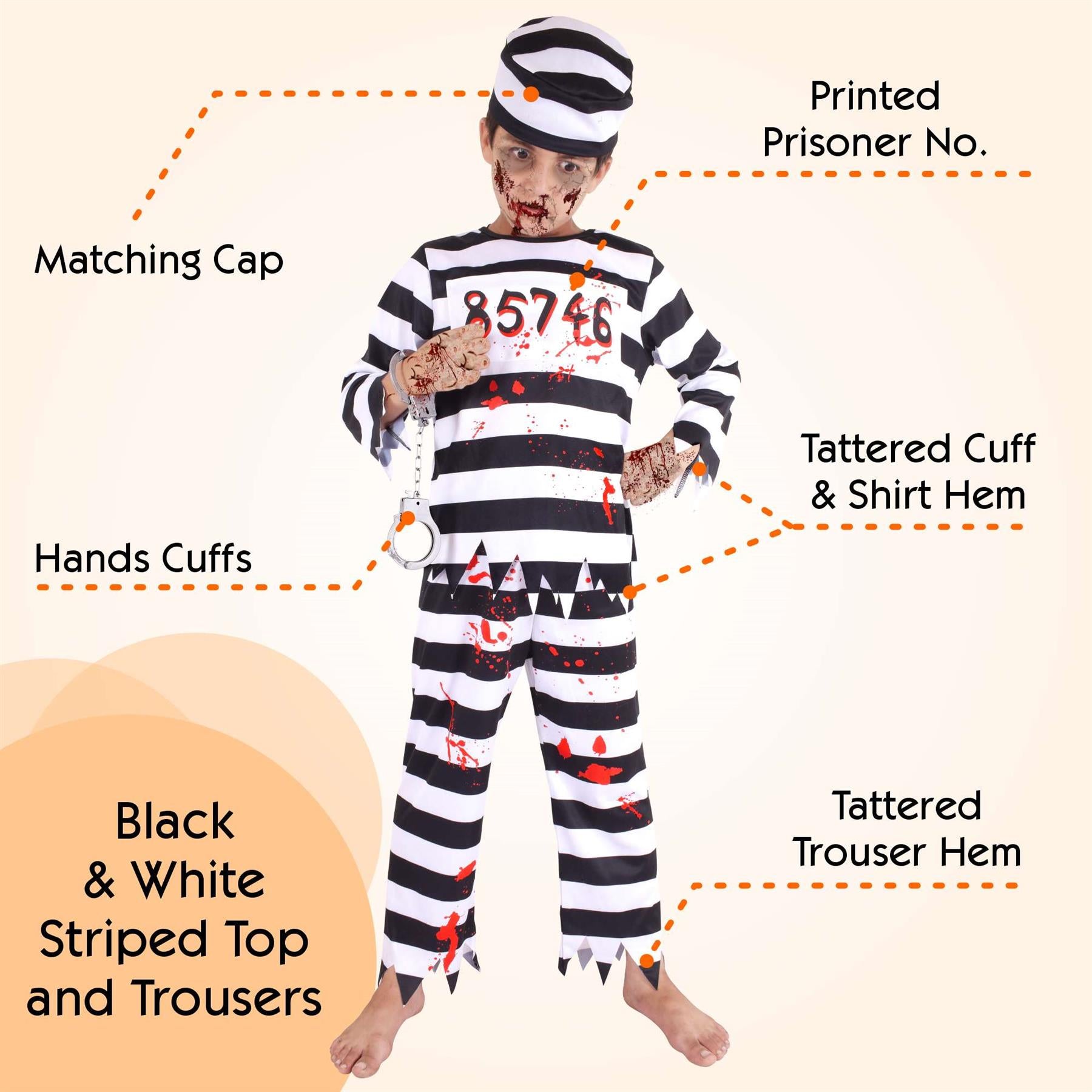 Kids Boys Zombie Prisoner Set Bloody Costume Eerie Undead Convict Halloween Set