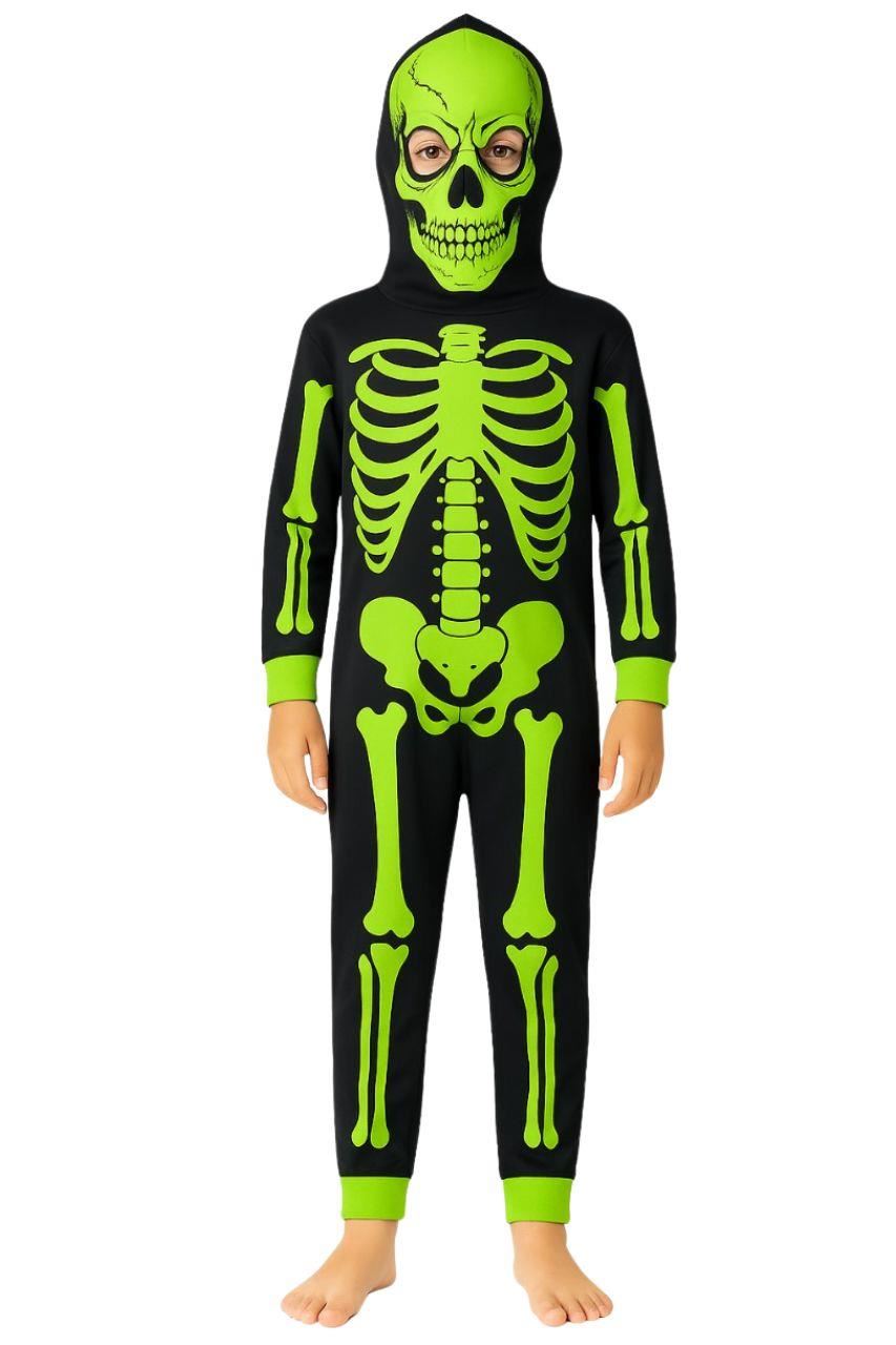 Girls Boys Neon Green Skeleton Print Pyjama Halloween