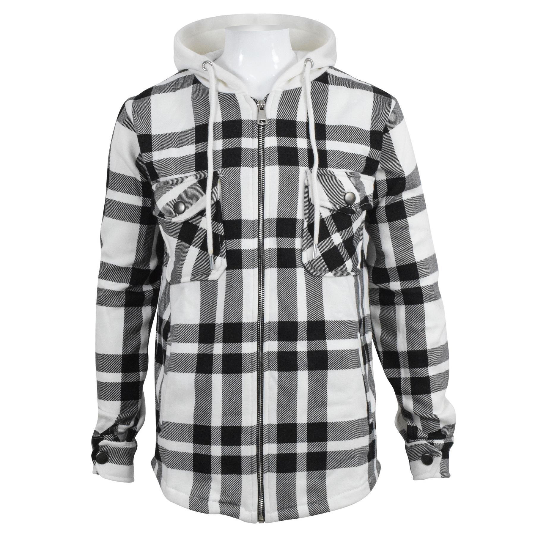 Kids Girls Zip Up Hooded Jackets Black Check Print Utility Pockets Fleece Coats