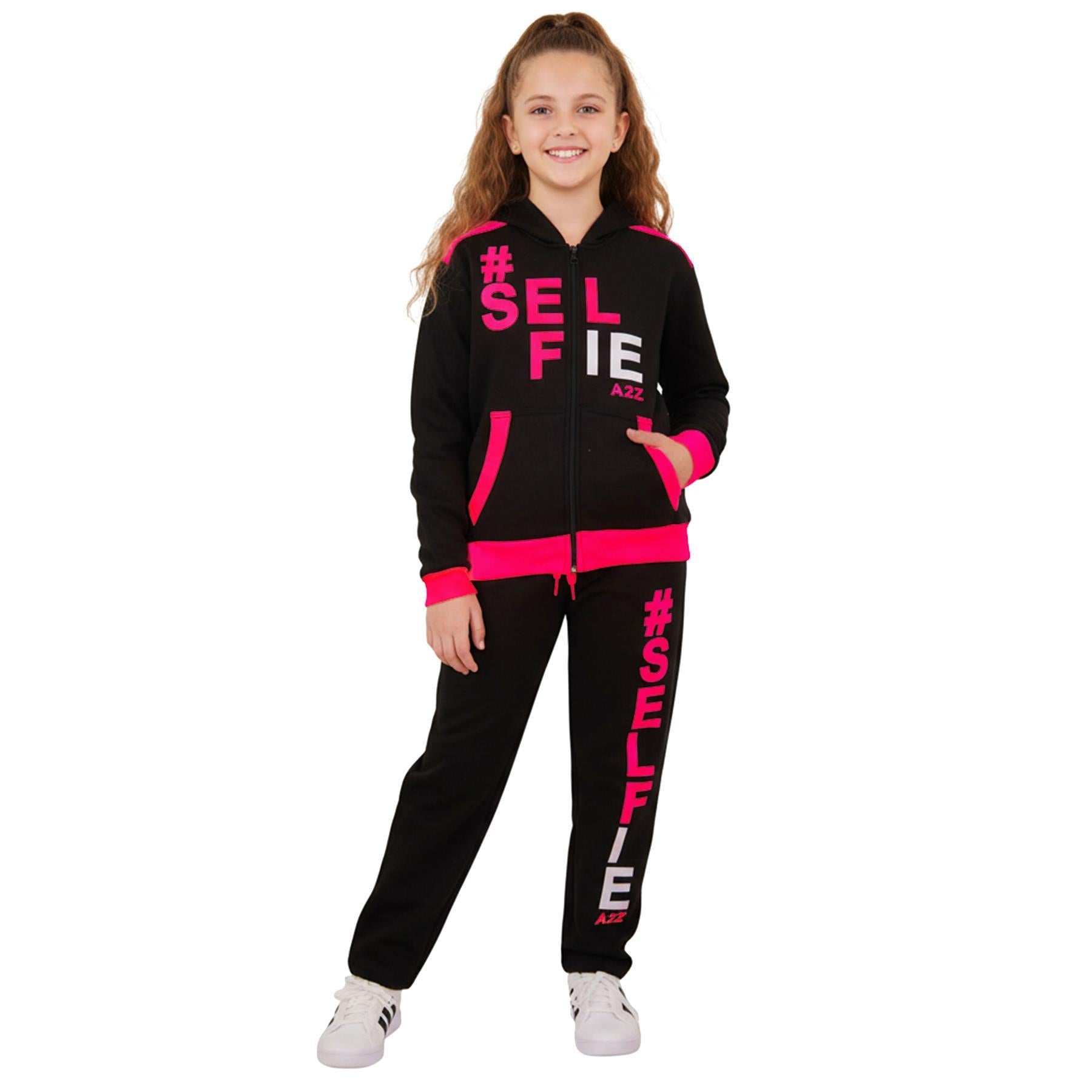 A2Z 4 Kids Girls Boys #SELFIE Tracksuit Hoodie & Joggers Outfit Set Top Bottom