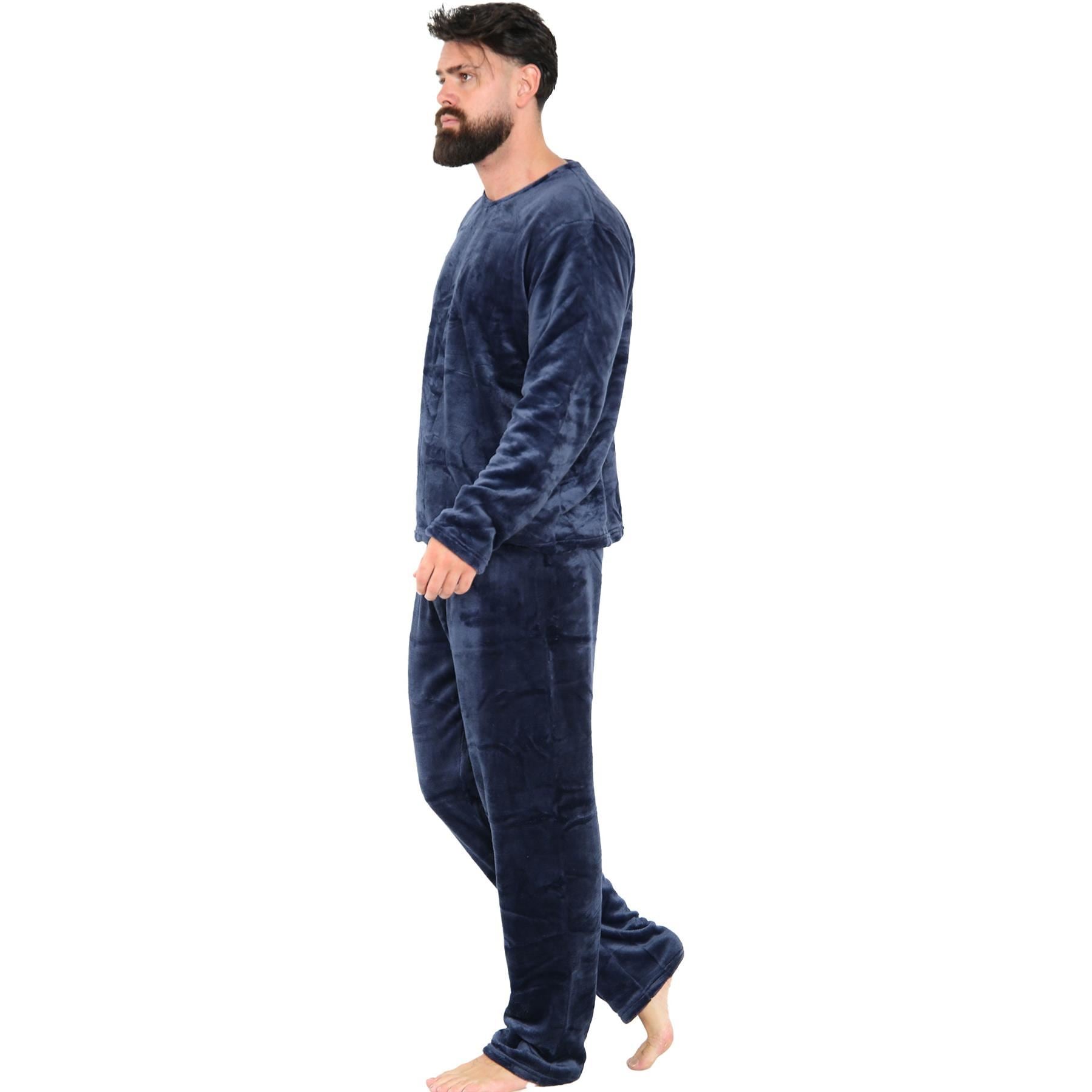 Mens Pyjamas Set Long Sleeve Crew Neck Plain Soft Fleece Pyjamas Set