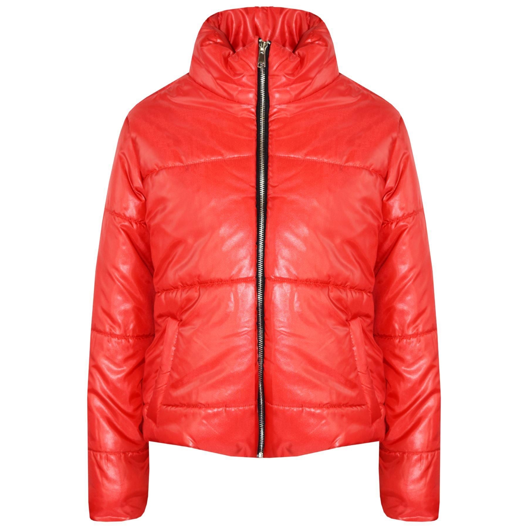 Girls Red Wetlook Padded Quilted Puffer Jacket