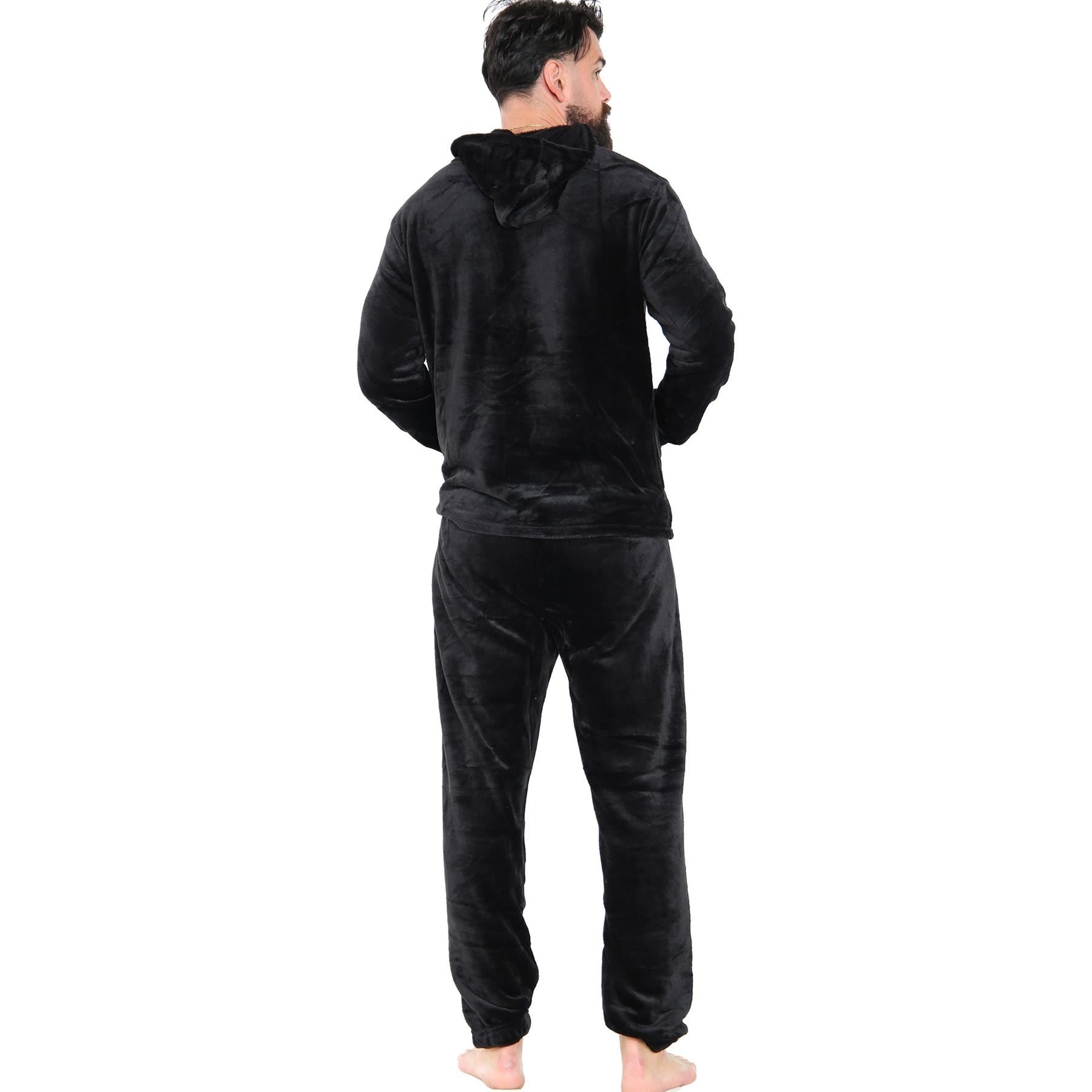 Mens Pyjamas Set Long Sleeve Hooded Plain Soft Fleece Pyjamas Set