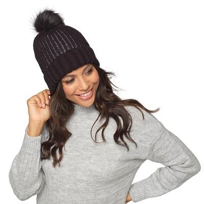 Ladies Hat Ribbed Lurex Knit Bobble Pom Pom Fleece Lining Winter Warm Cozy Hats