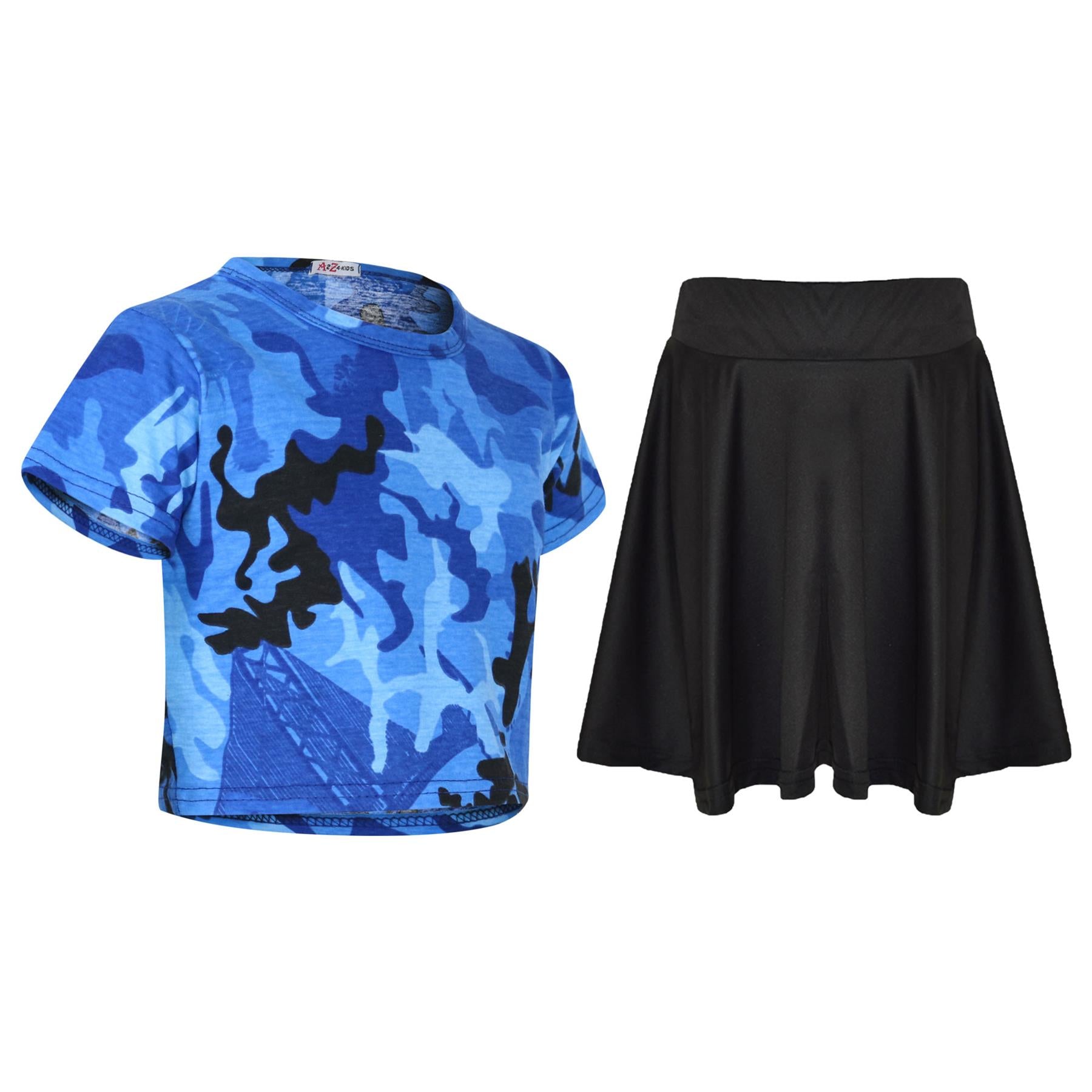 Kids Girls Camouflage Print Crop Top & Skater Skirt Summer Wear Outfit Set