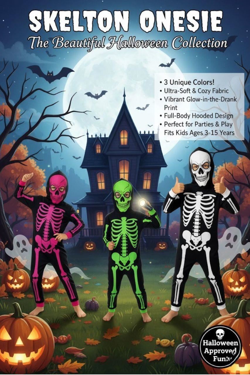Kids Girls Boys Skeleton Print Pyjama Halloween Onesie