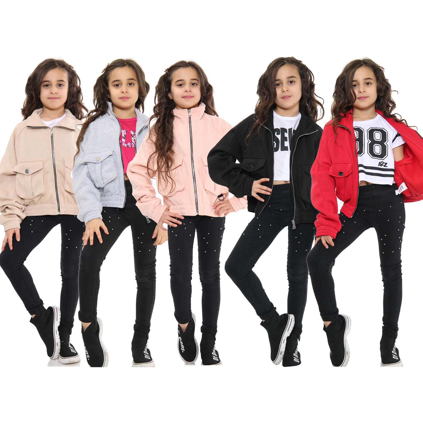 Kids Girls Plain Zip Up Cropped Jackets Utility Pockets Fleece Collared Coats