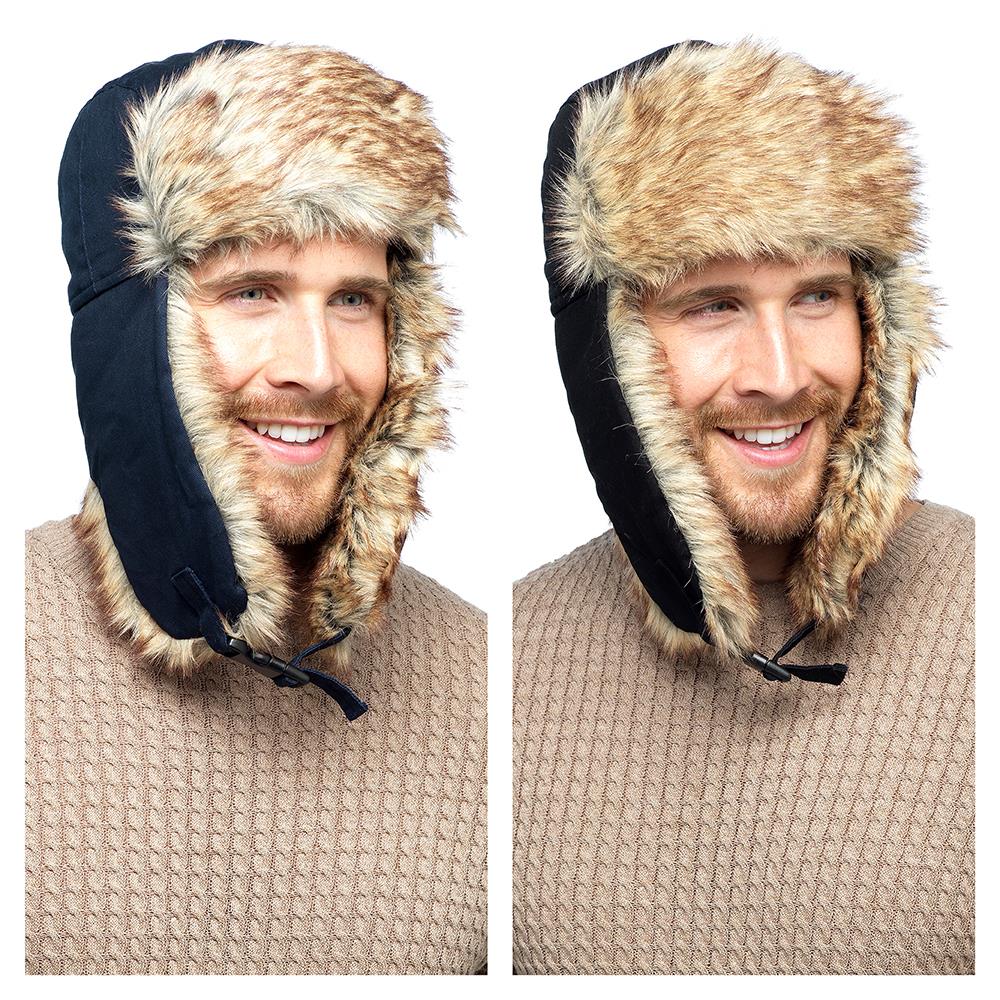 A2Z Mens Trapper Hat Faux Fur Trim Ear Flaps Hats Adjustable Clip Fastening Caps