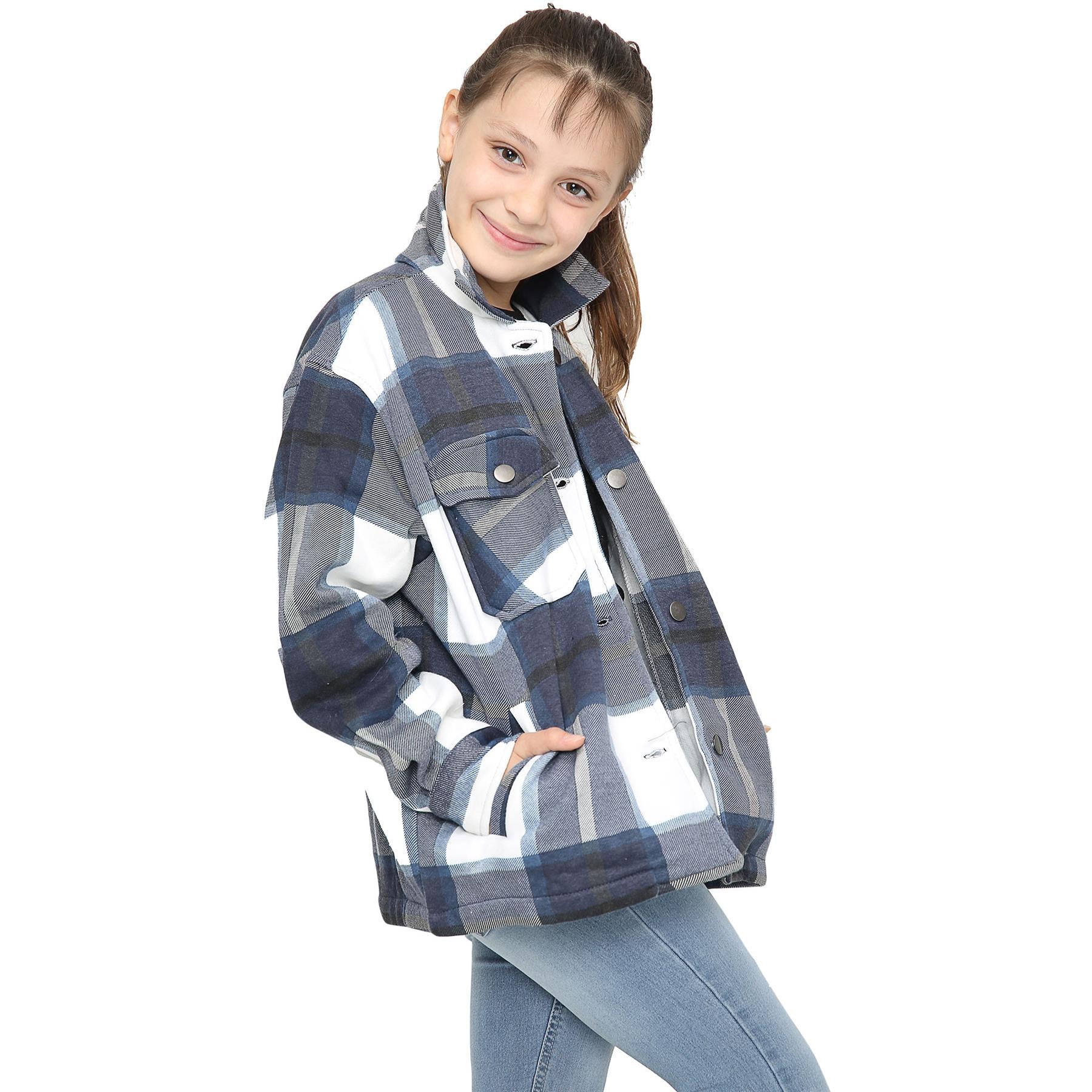 Kids Girls Check Print Navy Jackets Tunic Fleece Collared Fashion Coat 7-13 Year