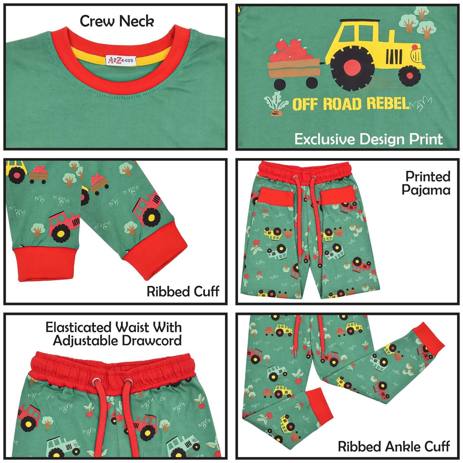 Kids Girls Boys Tractor Print Green Pyjamas Set