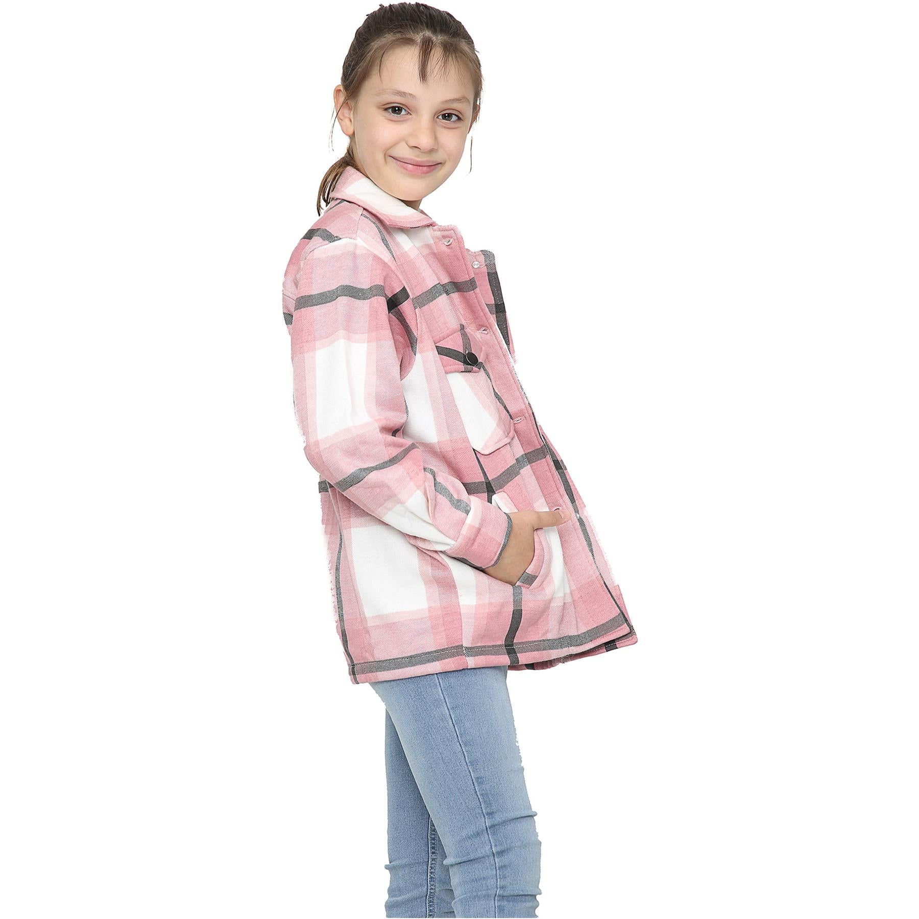 Kids Girls Check Print Pink Jackets Tunic Fleece Collared Fashion Coat 7-13 Year