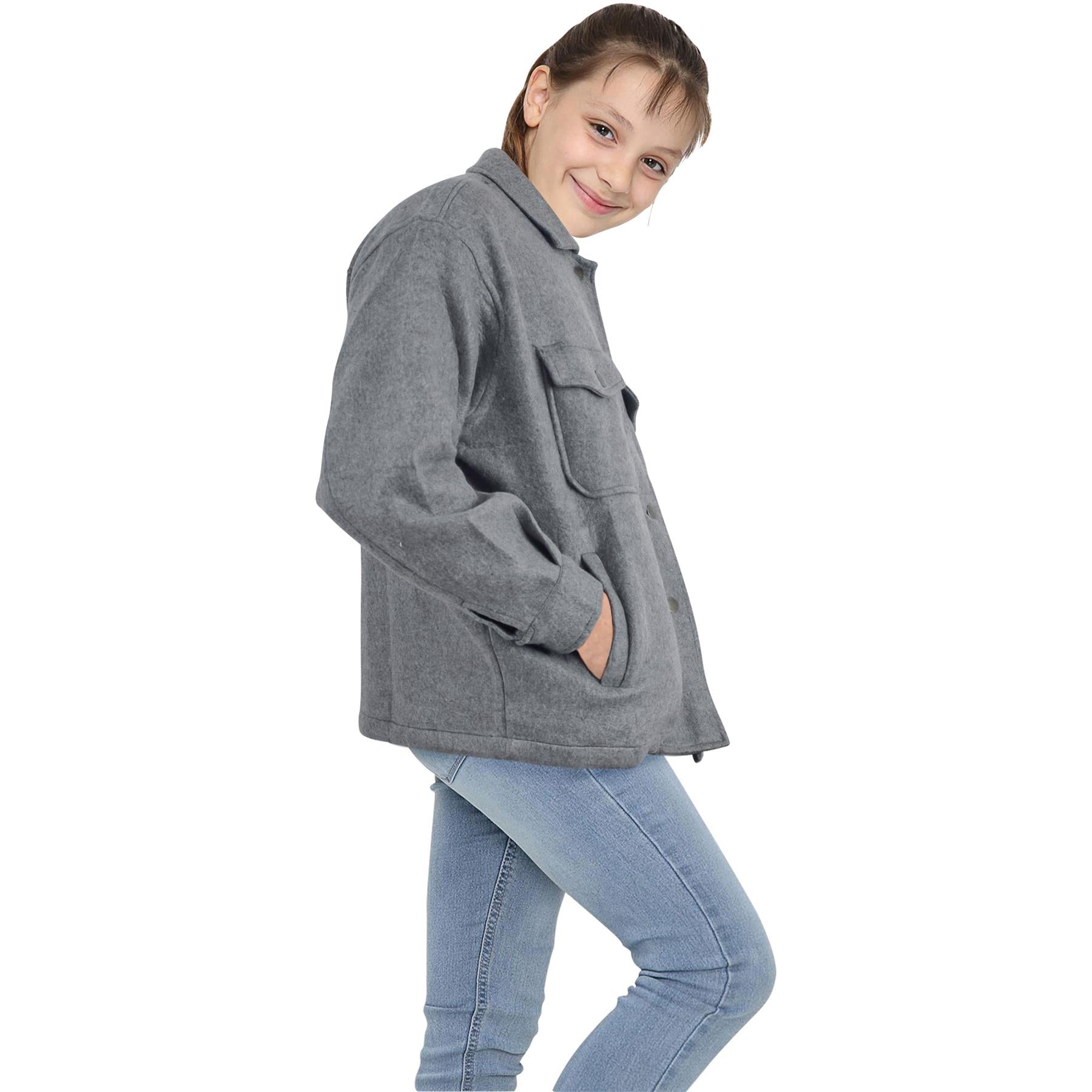 Kids Girls Plain Charcoal Color Jackets Tunic Fleece Collared Fashion Coat 7-13Y