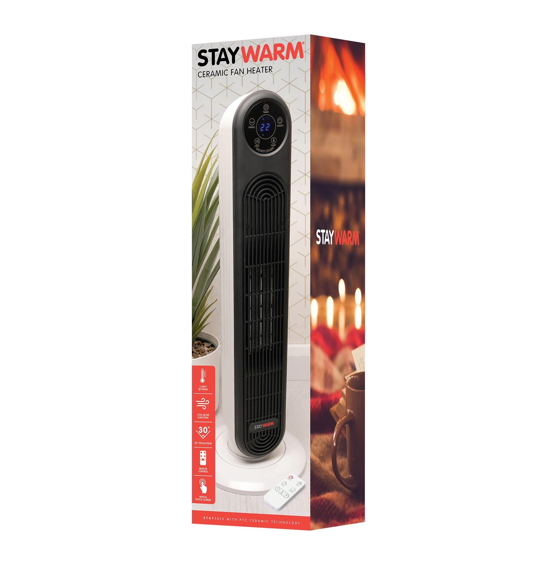 2000w Oscillating PTC Ceramic Tower Fan Heater remote control 2 Heat Settings