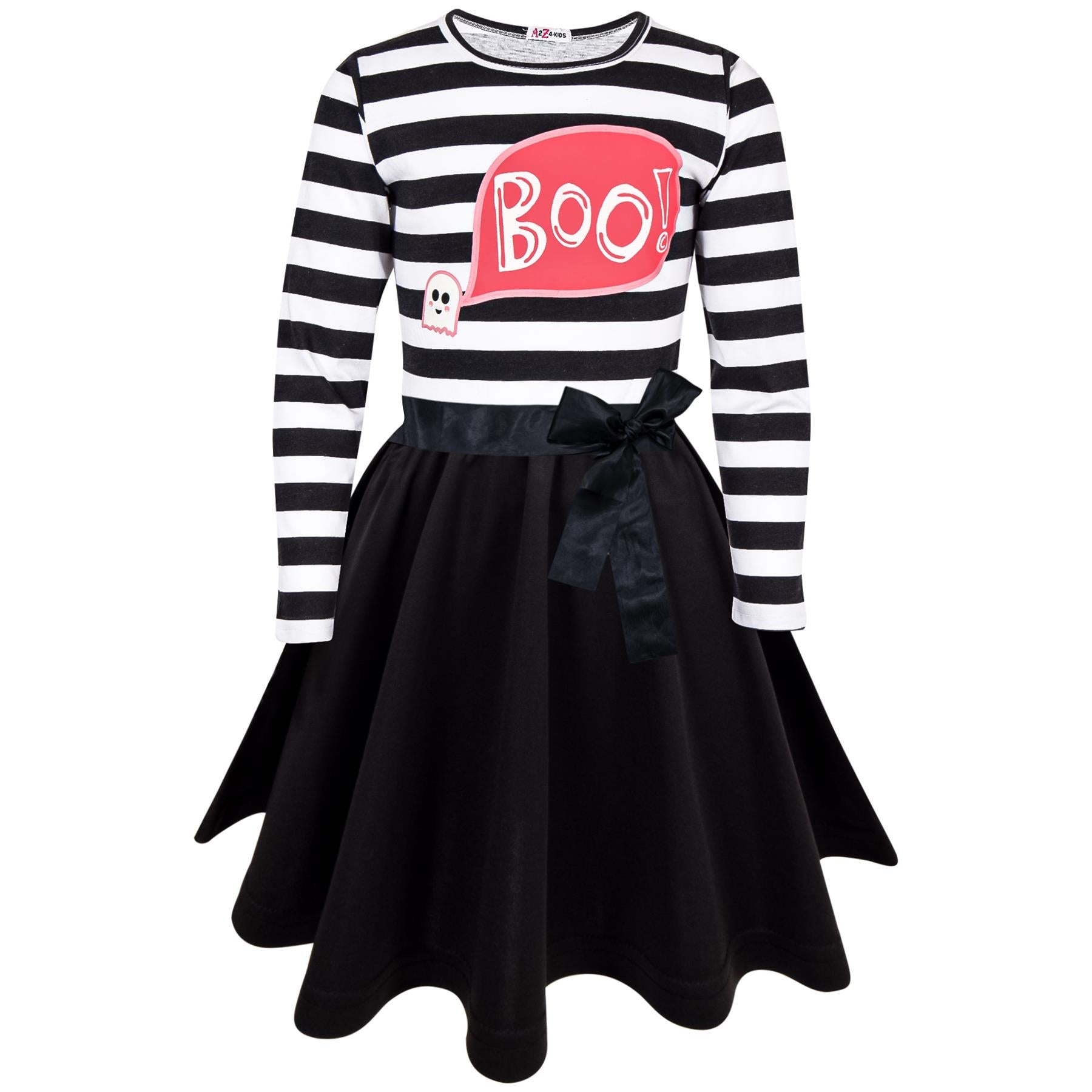 Girls Long Sleeves Boo Printed Stripes Panelled Halloween Skater Dress