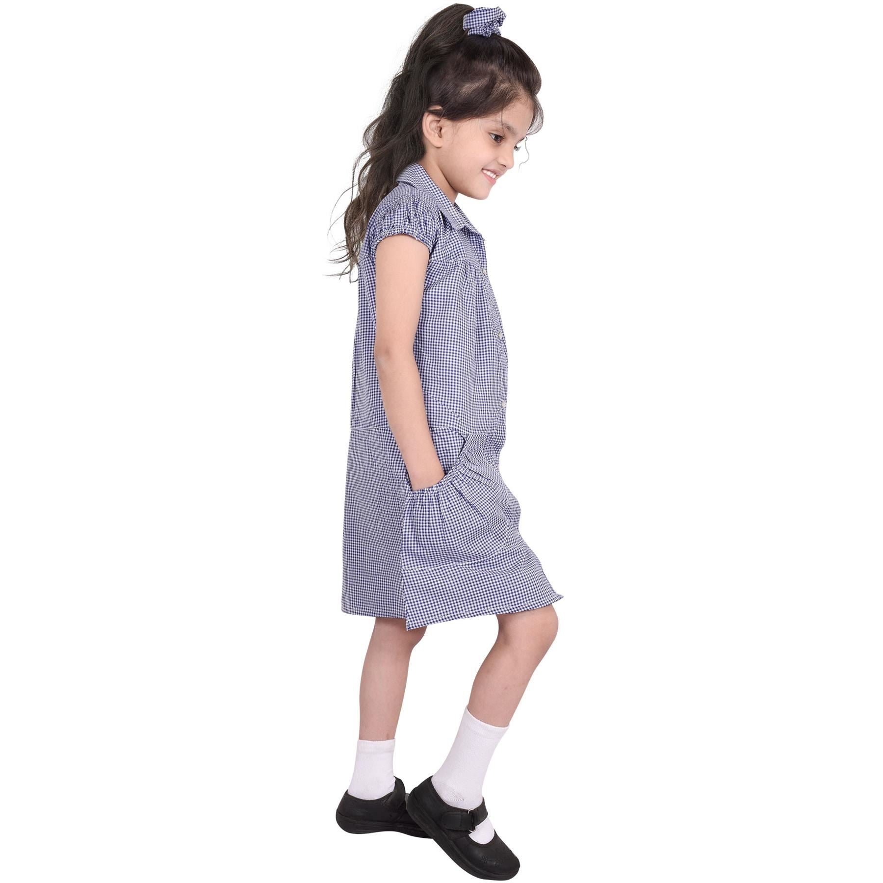 Girls Uniform School Dress Gingham Check Printed Dress With Matching Scrunchies