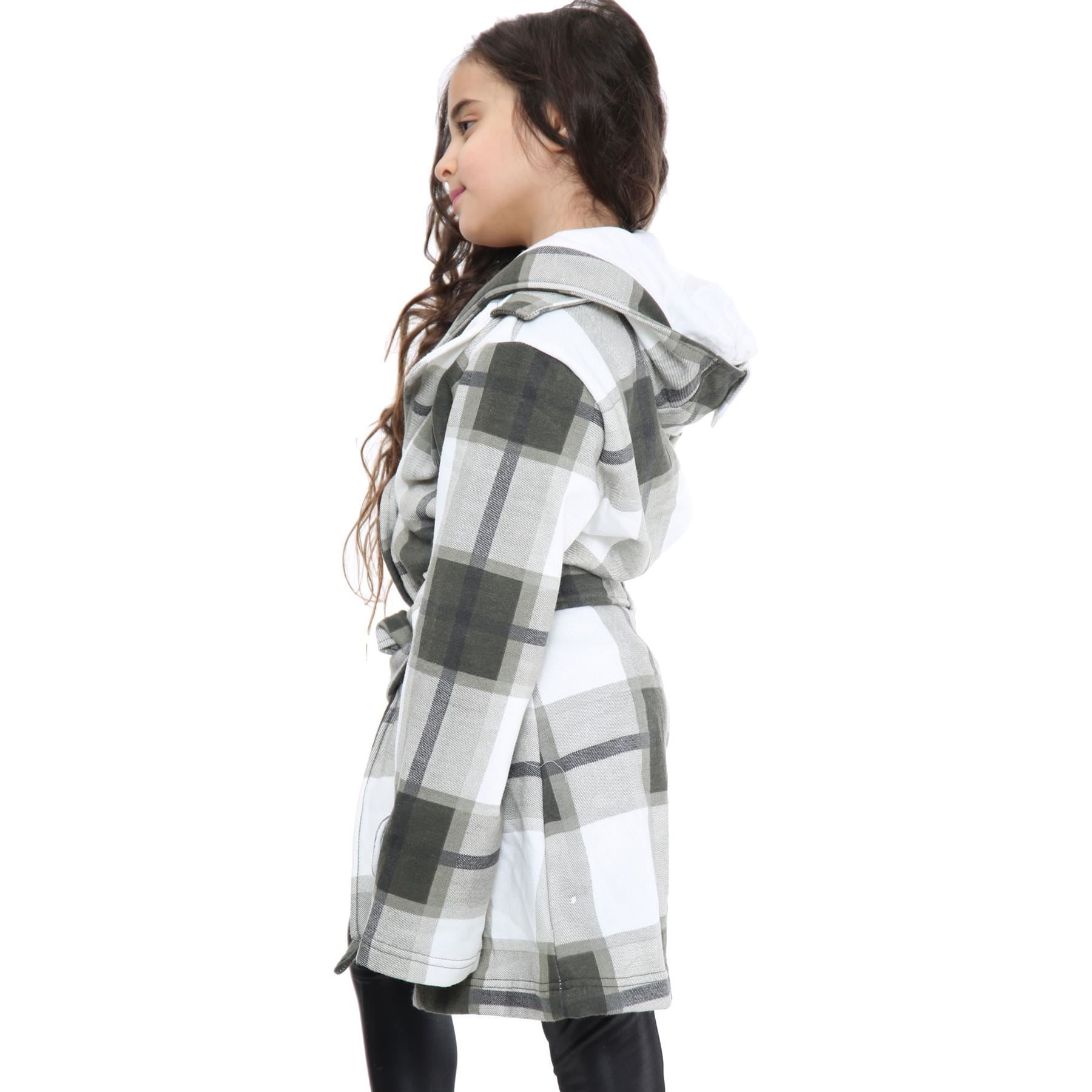 Kids Girls Overcoats Hooded Trench Coats Lapels Olive Check Long Parka Jackets