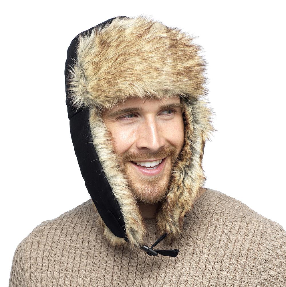 A2Z Mens Trapper Hat Faux Fur Trim Ear Flaps Hats Adjustable Clip Fastening Caps