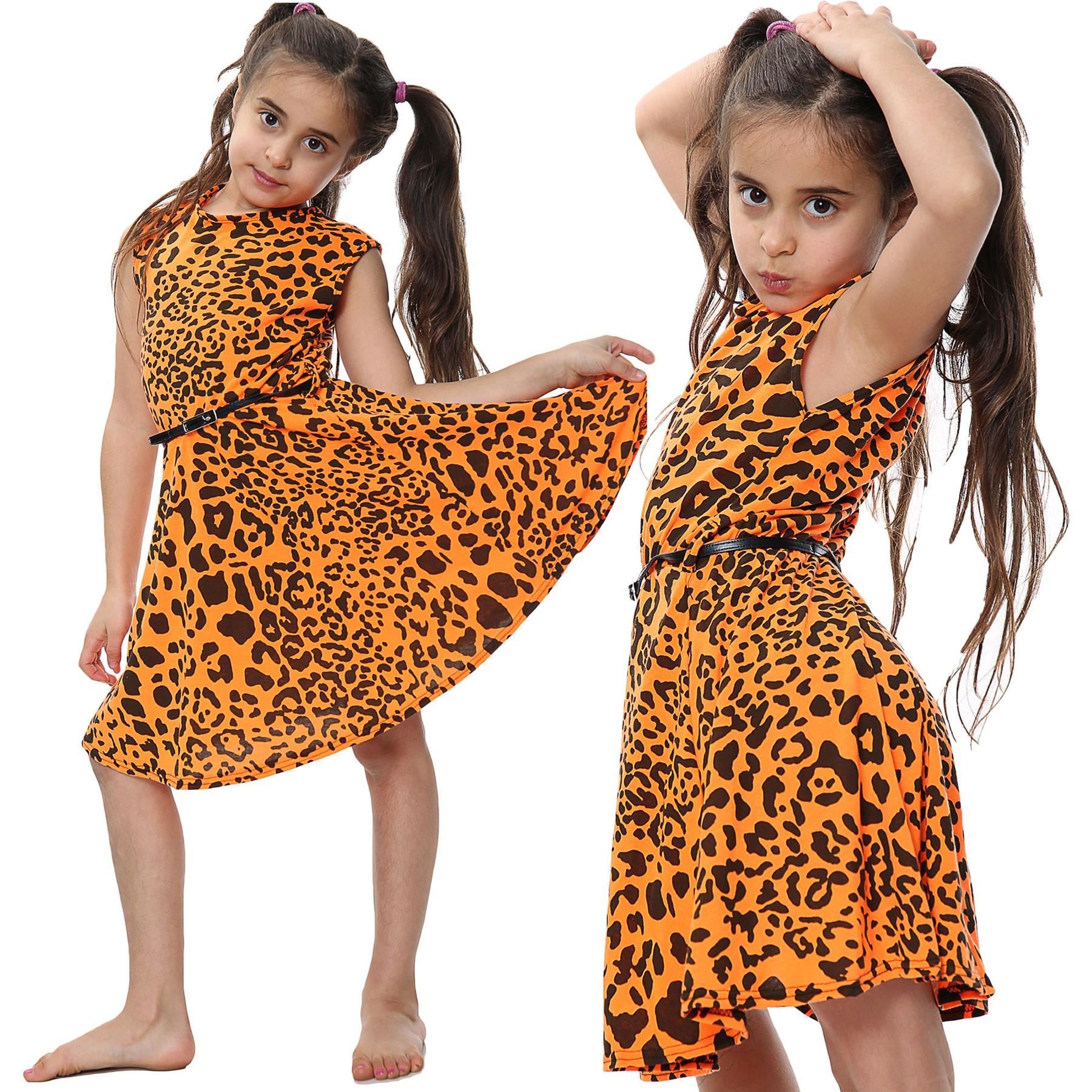 Kids Girls Skater Dress Leopard Summer Dresses With A Free Belt Age 5-13 Years