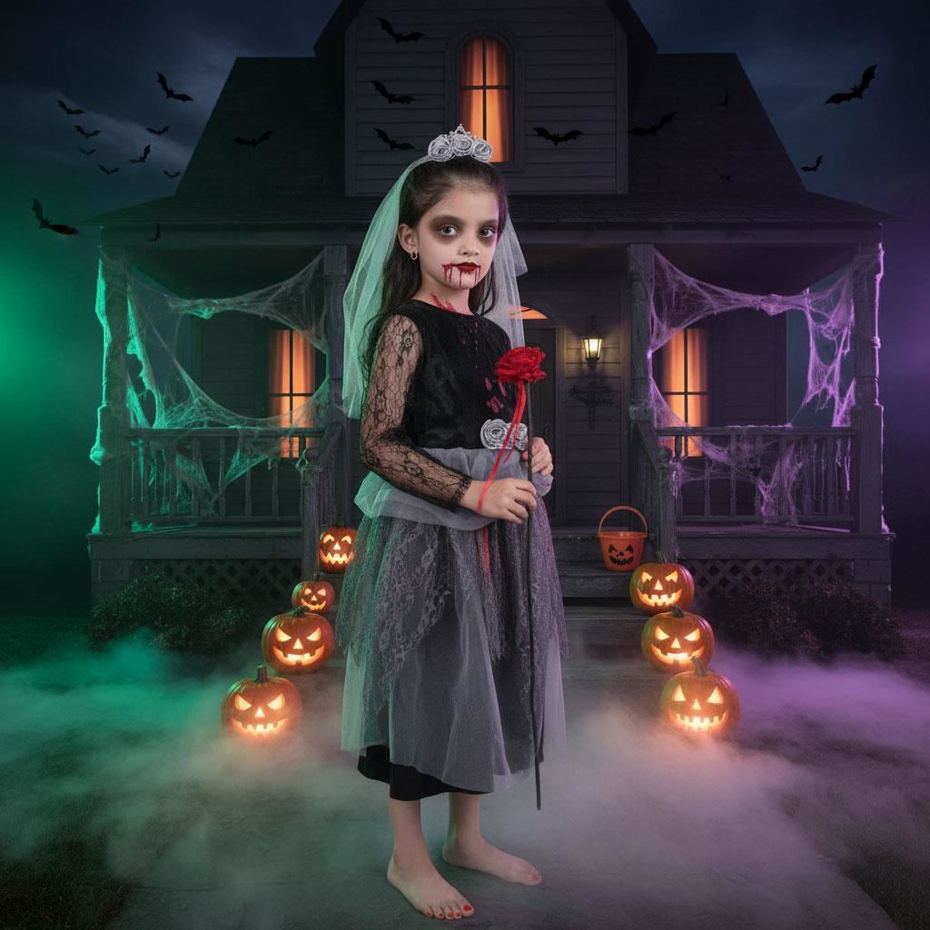 Kids Girls Zombie Bride Halloween Fancy Dress Spooky Costume Bloody Corps Gown