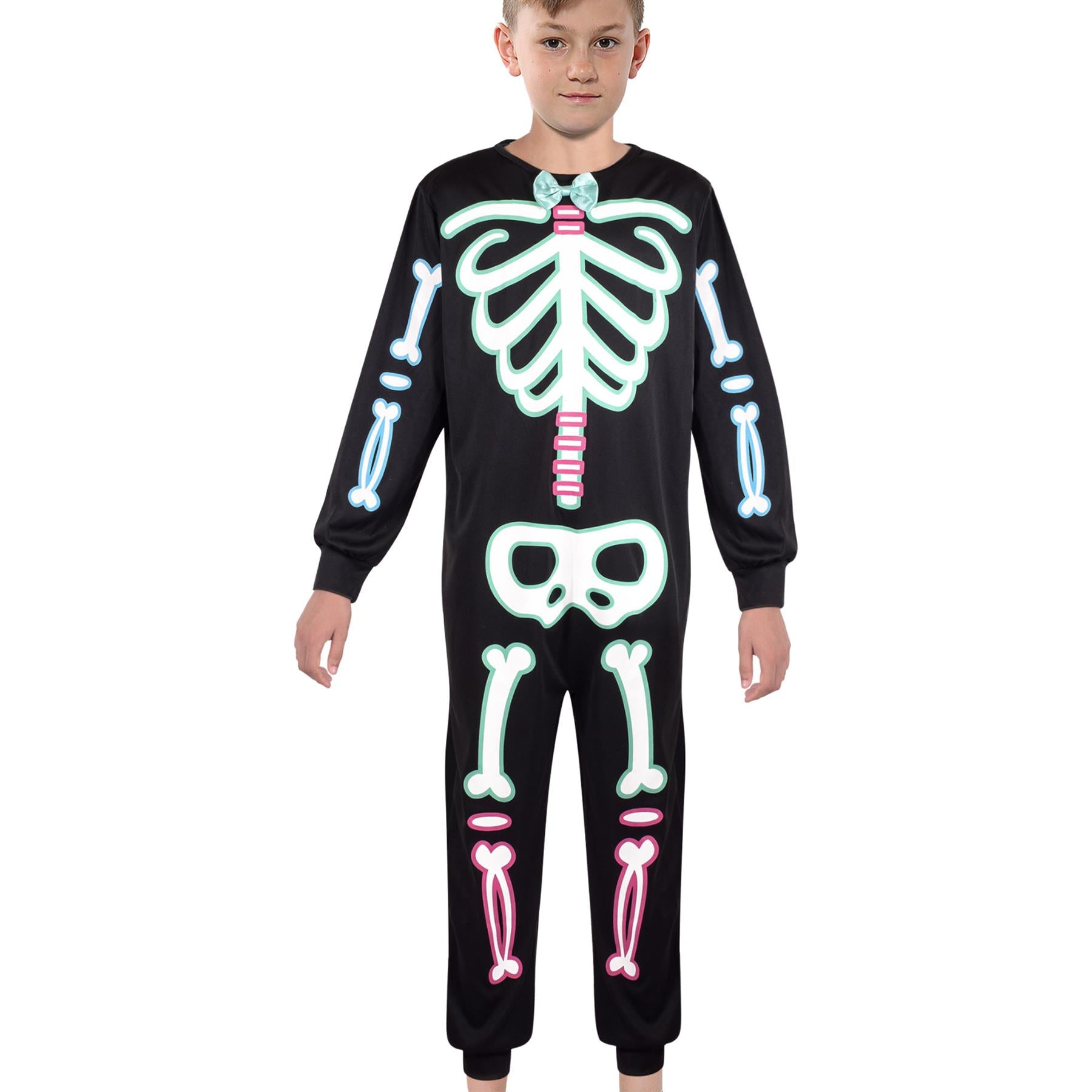 Kids Boys Skeleton Costume With Bow Tie Halloween Onesie For Trick Or Treating