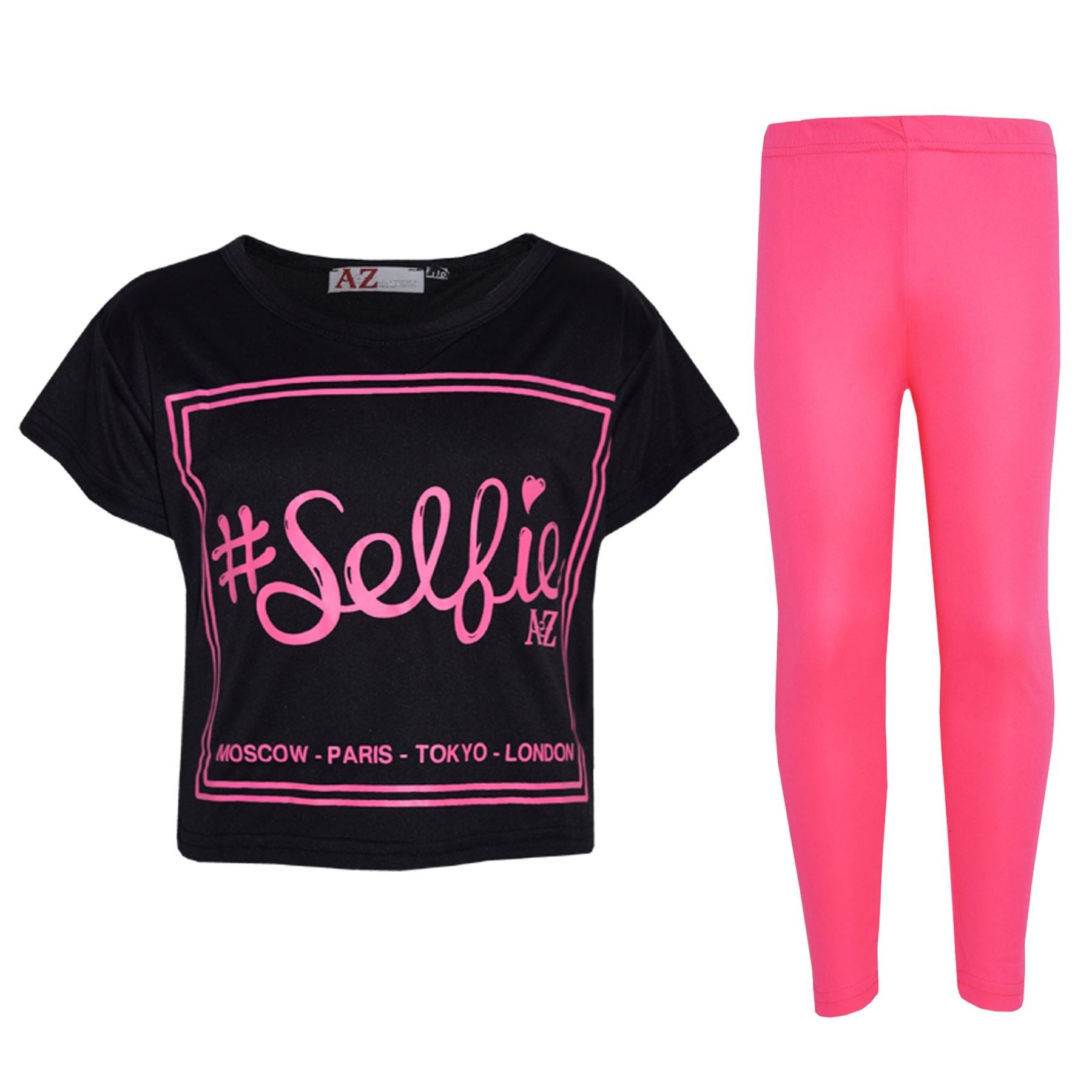 Girls Top Kids #Selfie Print Stylish Crop Top & Fashion Legging Set 7-13