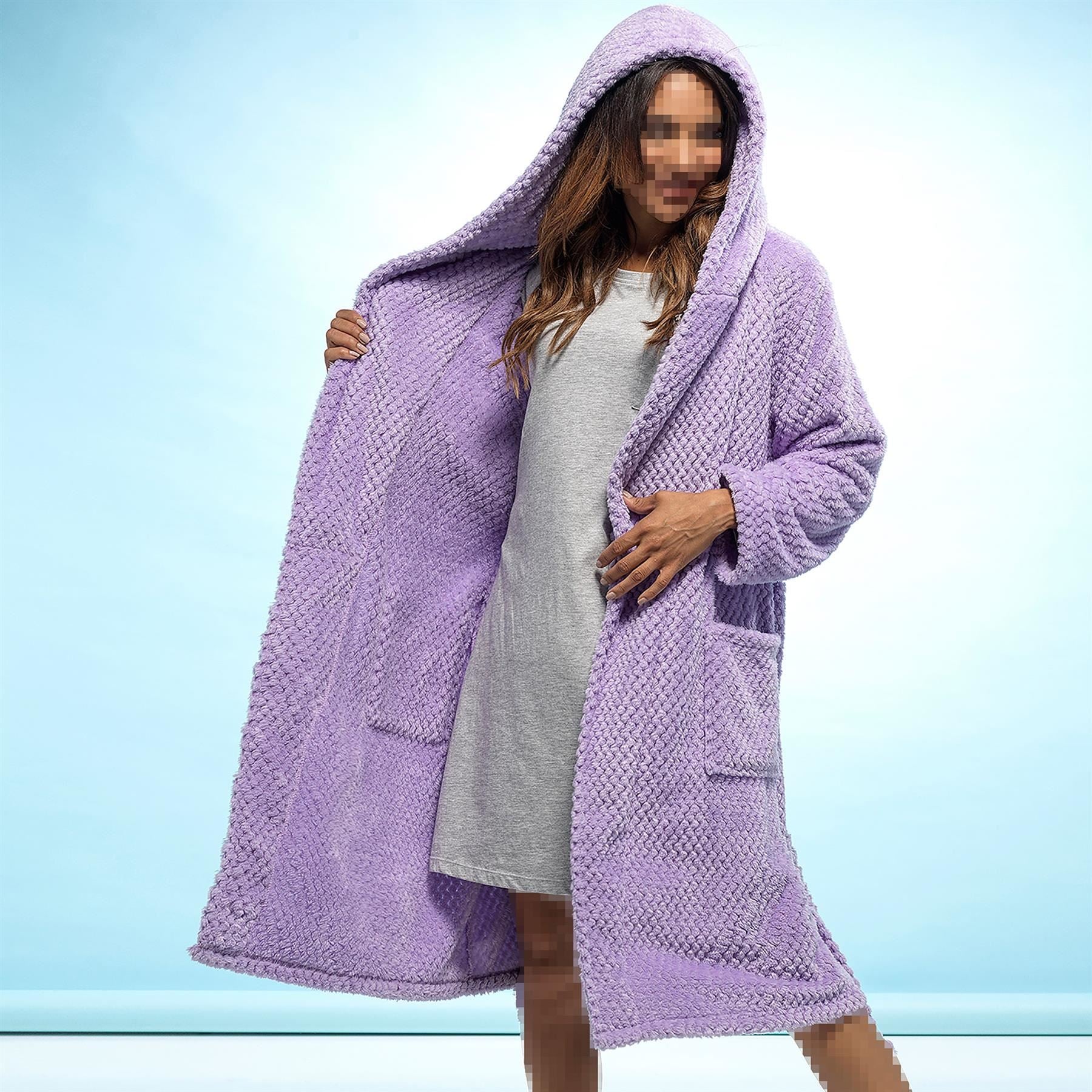 A2Z Women's Luxurious Flannel Fluffy Fleece Robe Honeycomb Hooded Dressing Gown