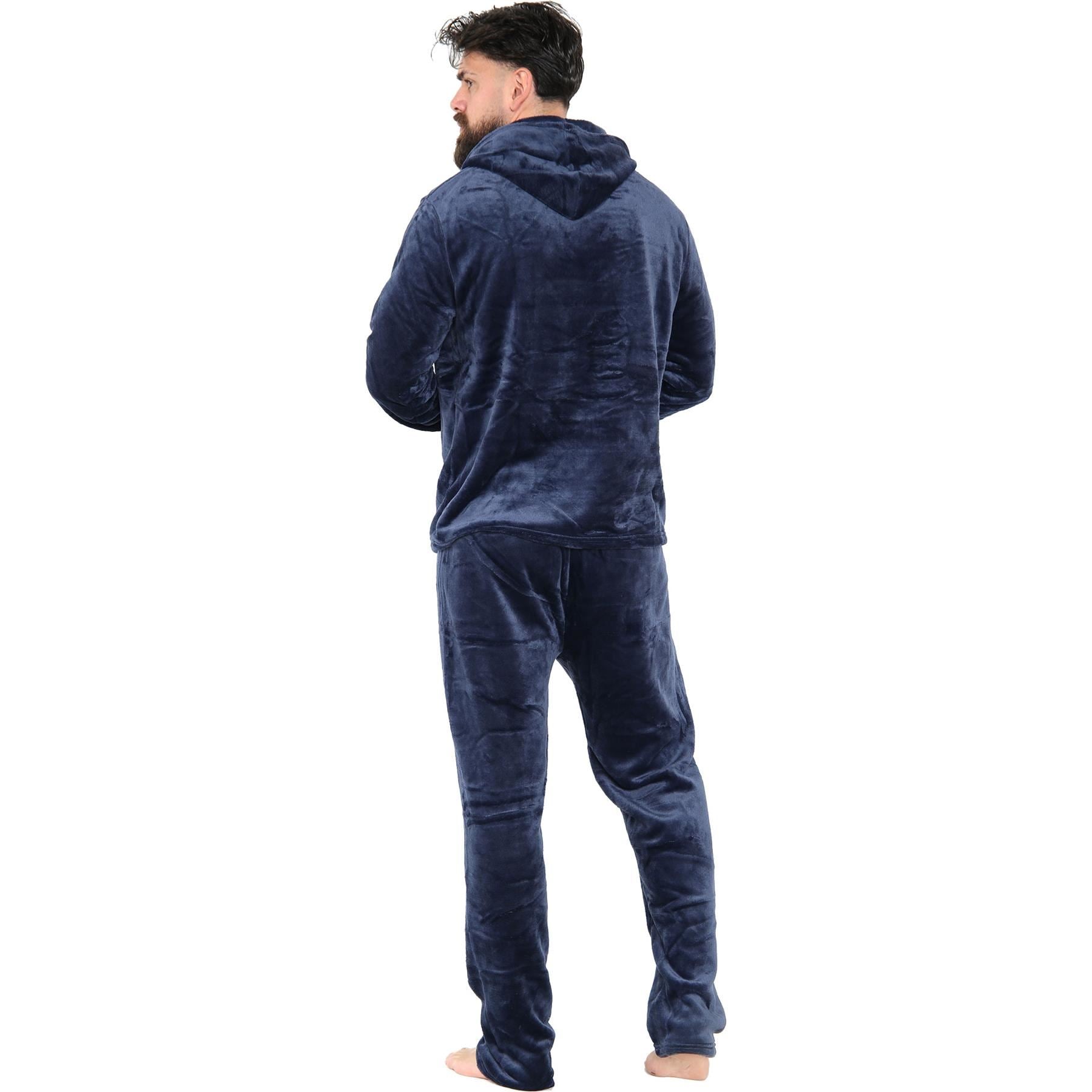 Mens Pyjamas Set Long Sleeve Hooded Plain Soft Fleece Pyjamas Set