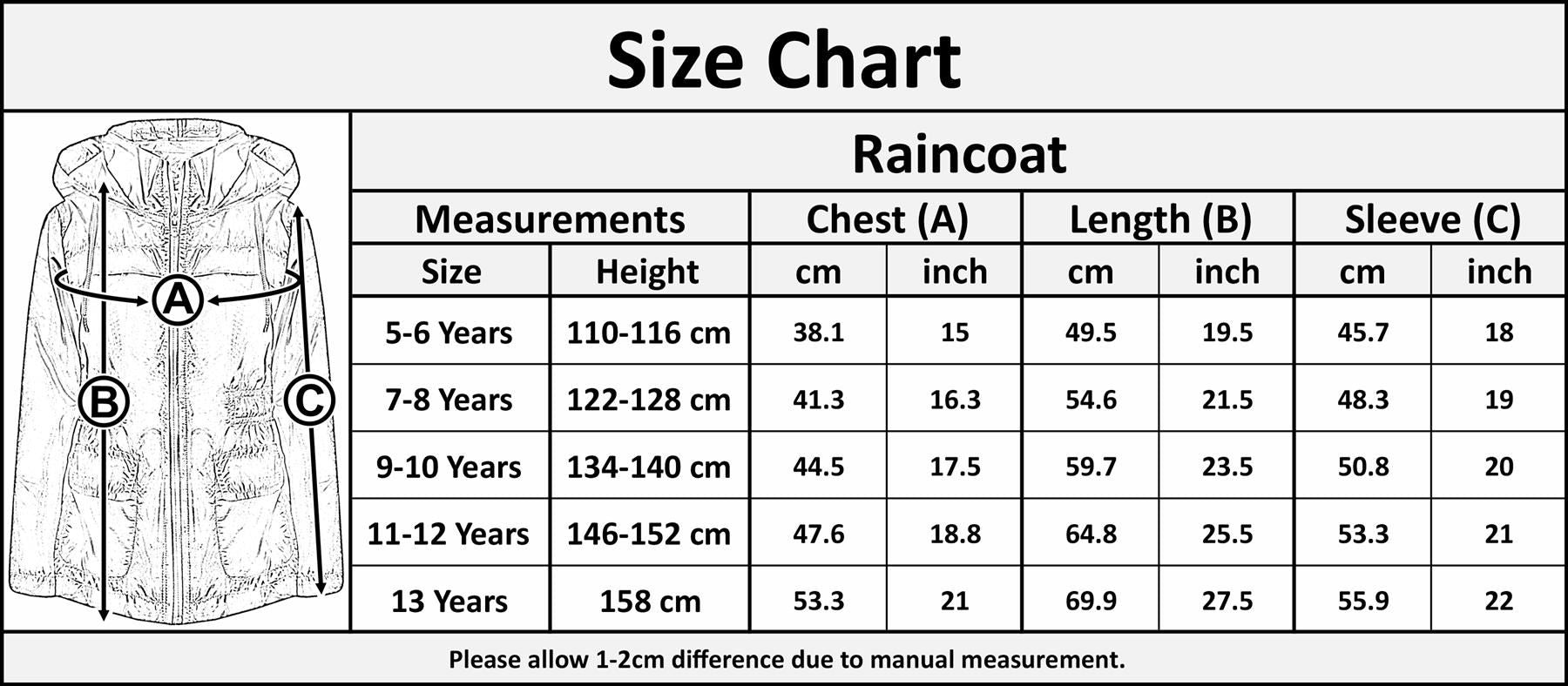 Kids Raincoat Jackets Waterproof Hooded Raincoat Children Age 5-13 Years