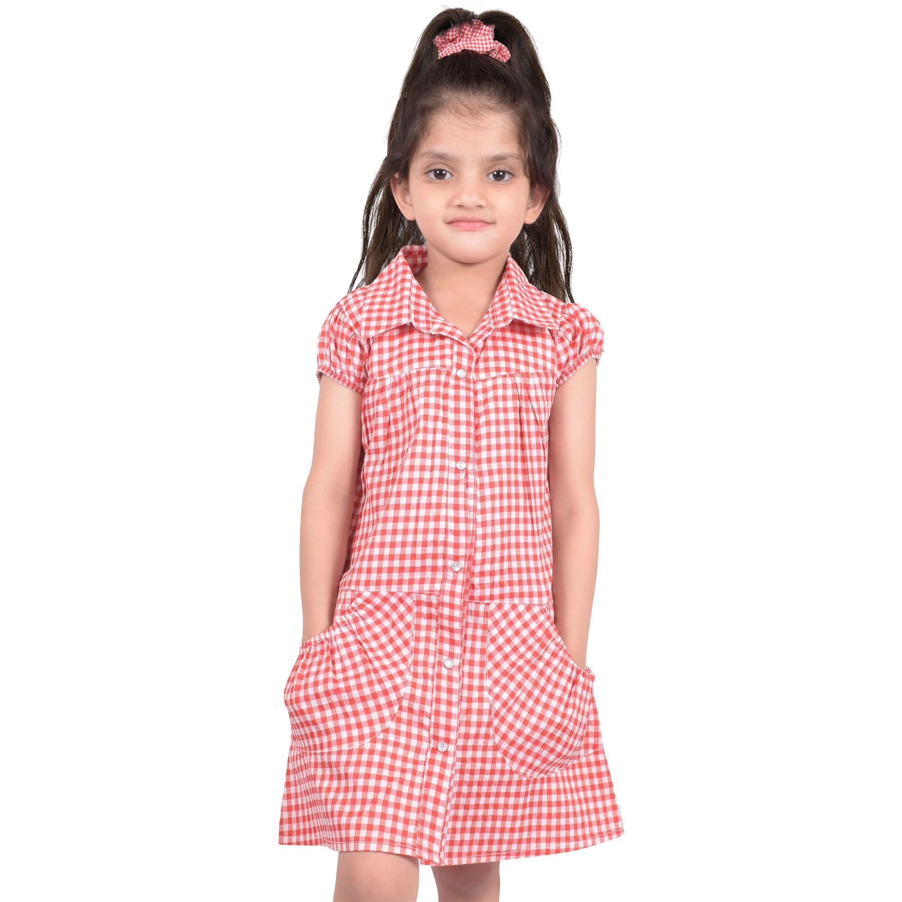 Kids Girls Gingham School Dress Check Printed Dresses With Matching Scrunchies