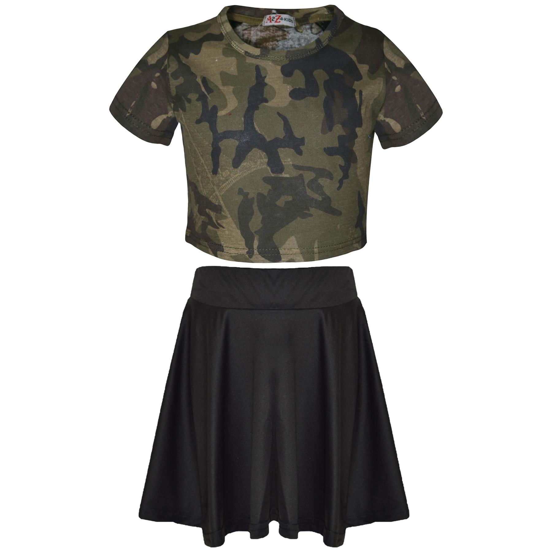 Kids Girls Camouflage Print Crop Top & Skater Skirt Summer Wear Outfit Set