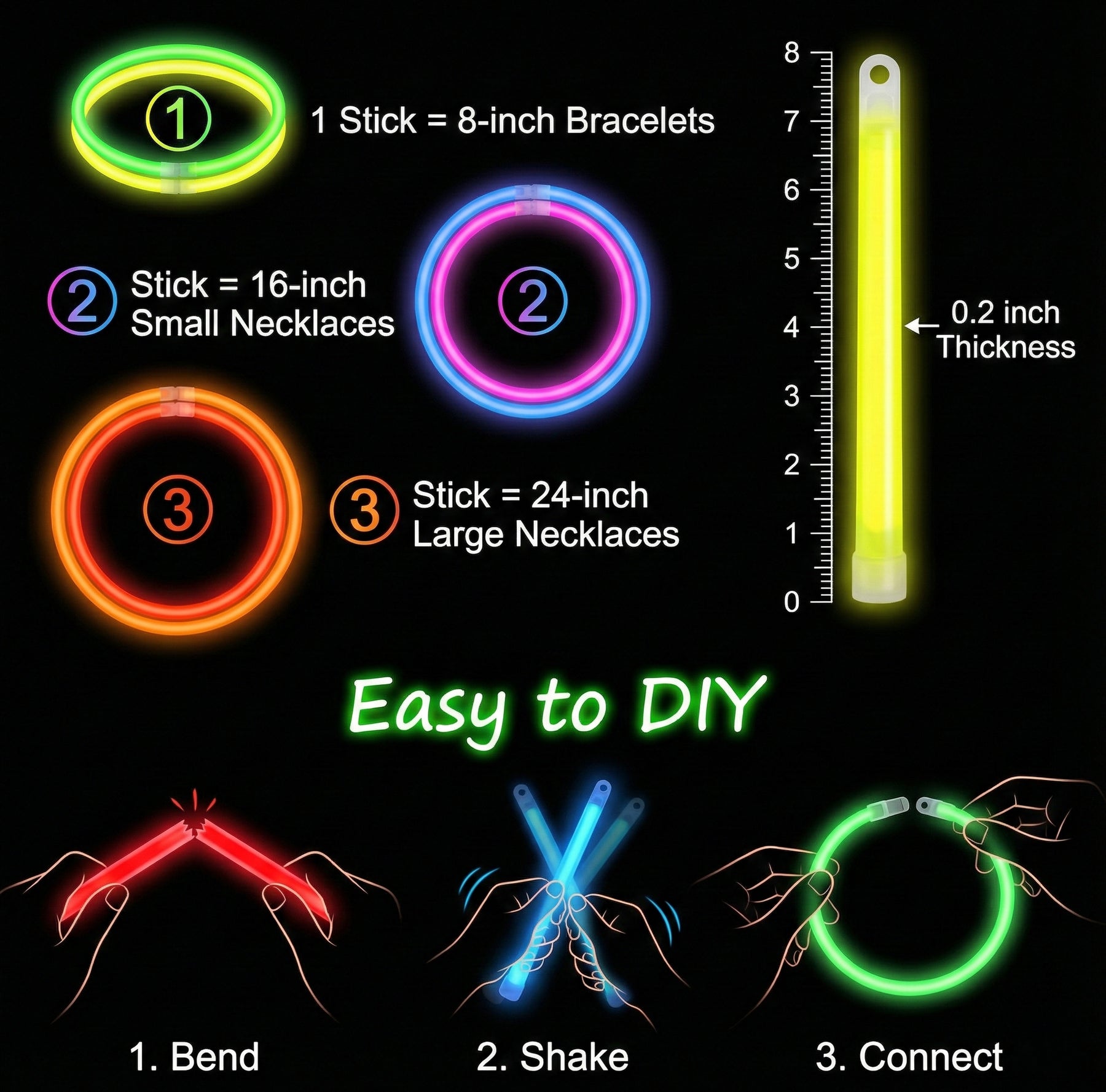 A2Z Glow Sticks 100 Pack Multi-Colour 8" Light Sticks with Connectors Party Glow