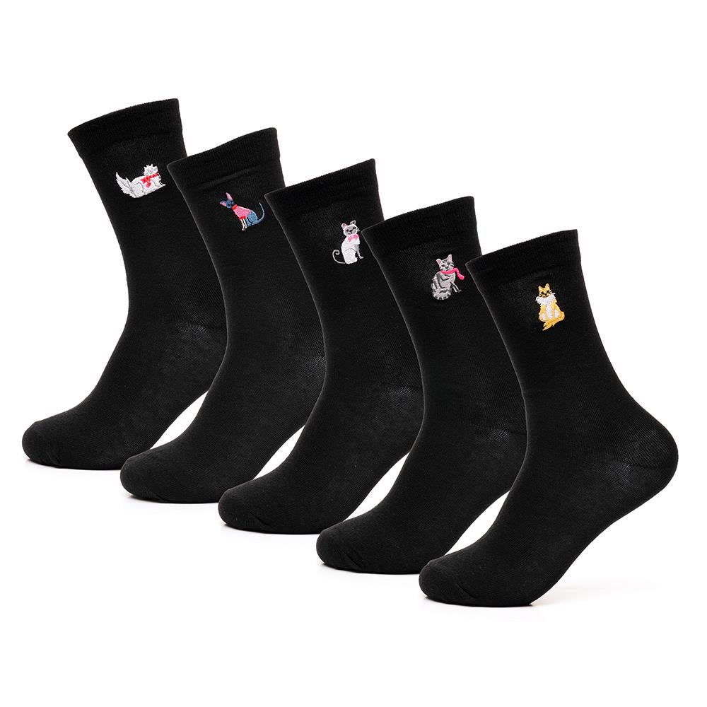 Ladies Embroidered Cats and Stars Cotton Pack of 5 Stylish Comfortable Women Socks