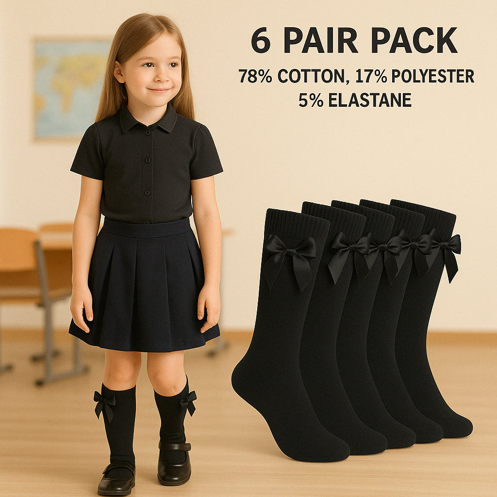 A2Z 4 Kids Girls 6 Pack Plain Knee High Socks With Ribbon Bow School Socks