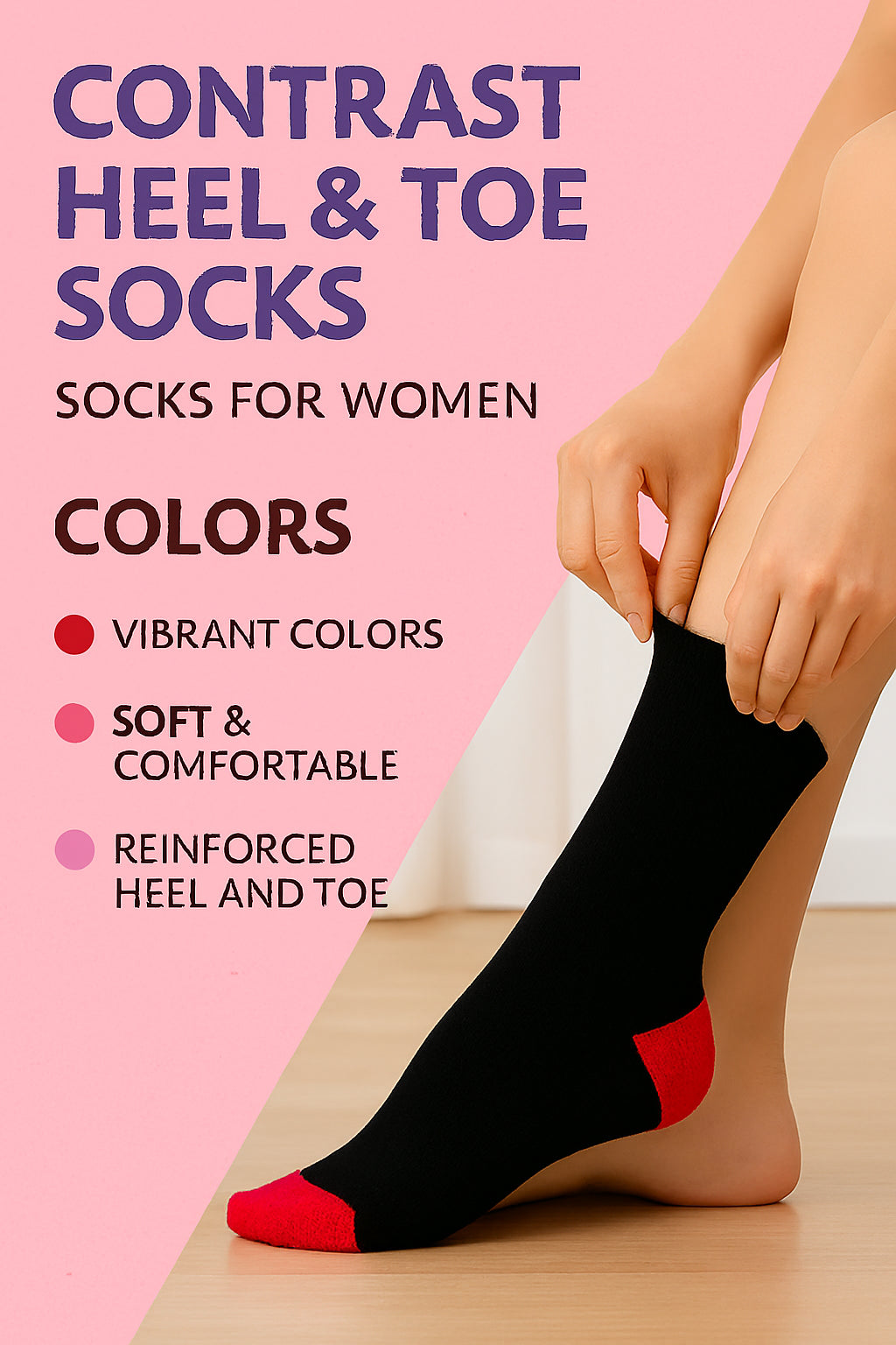 Women Plain Cotton Crew Socks Multipack Contrast Heel Toe Casual Ladies Socks
