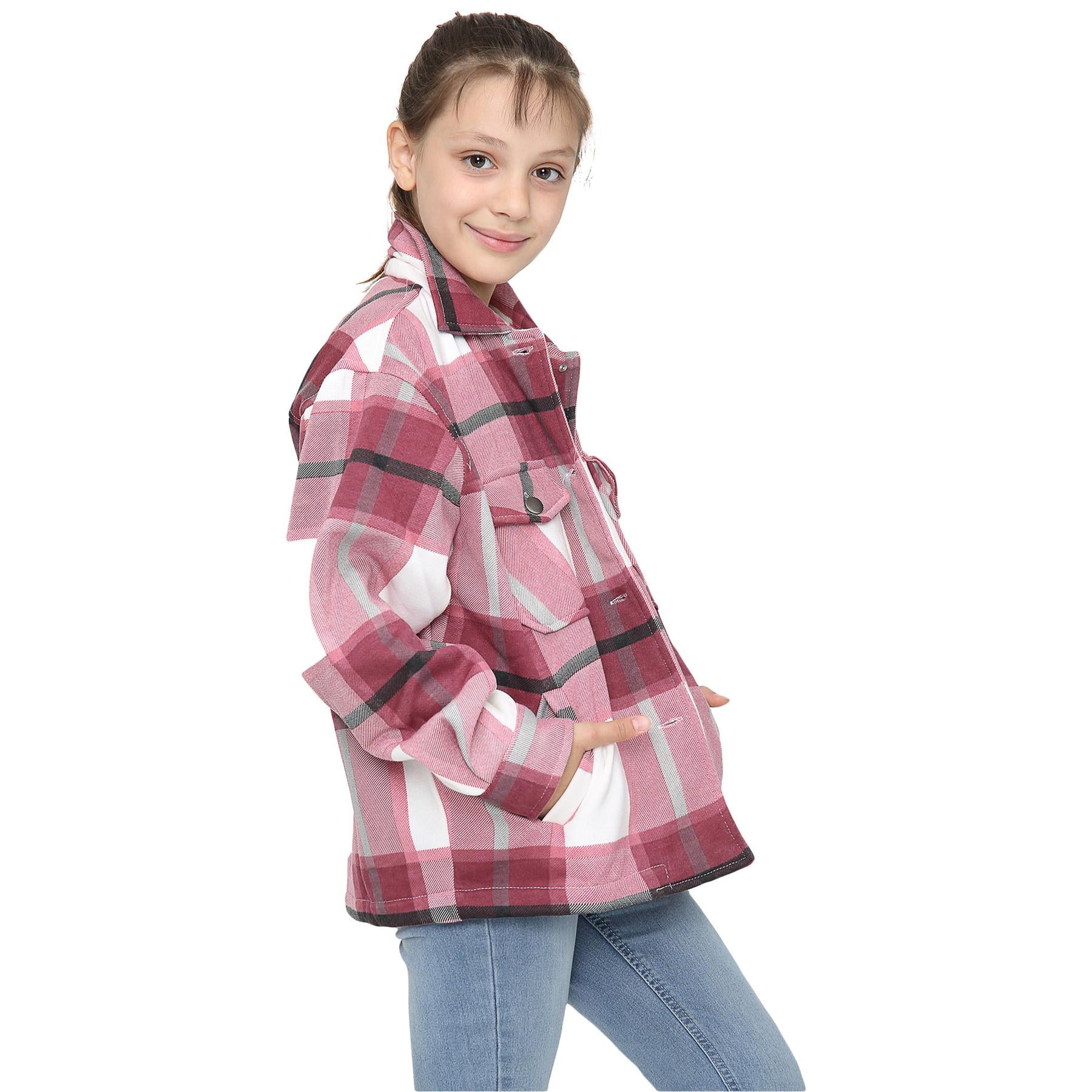 Kids Girls Check Print Wine Jackets Tunic Fleece Collared Fashion Coat 7-13 Year