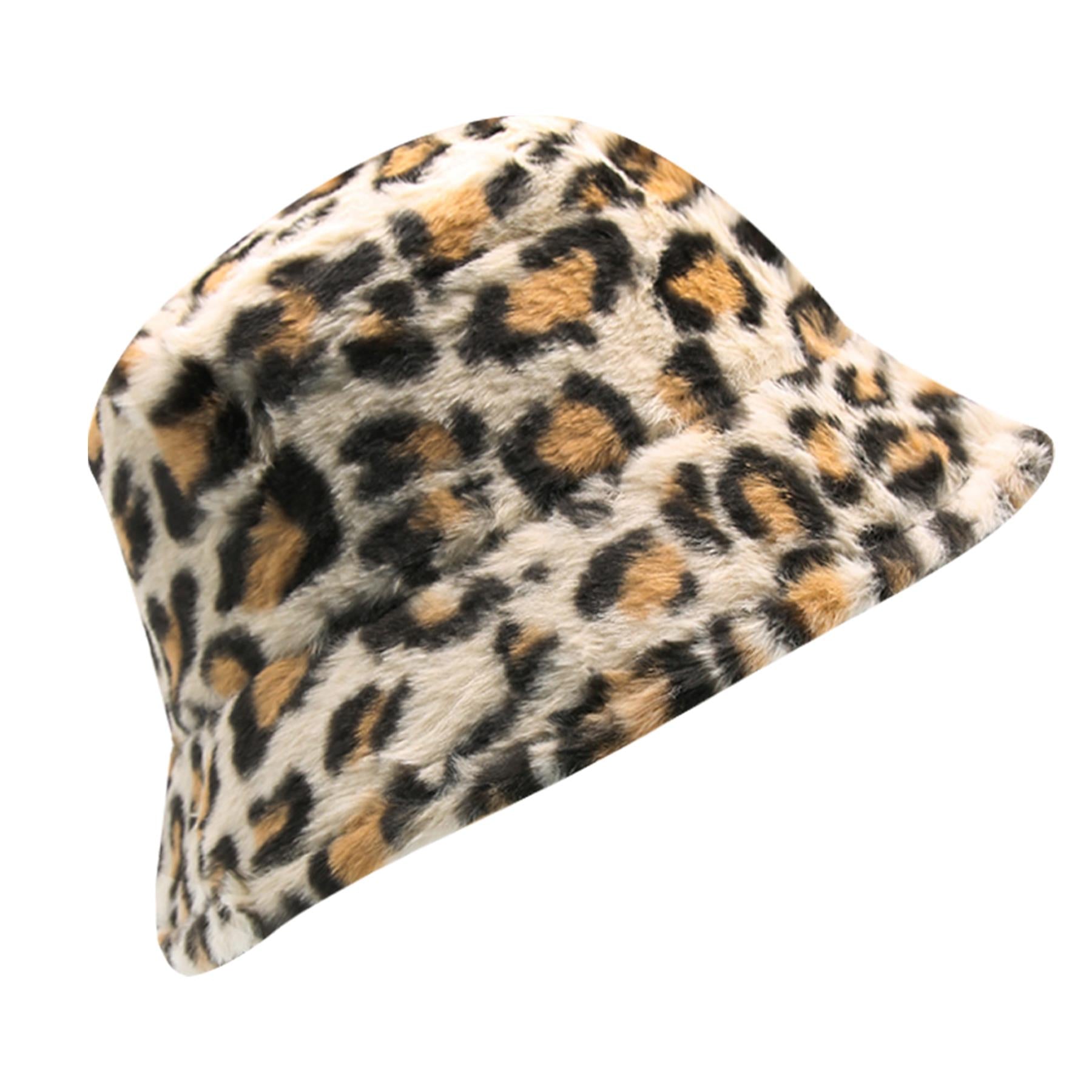 Ladies Bucket Hats Winter Warm Fluffy Leopard Faux Fur Soft Plush Fisherman Cap