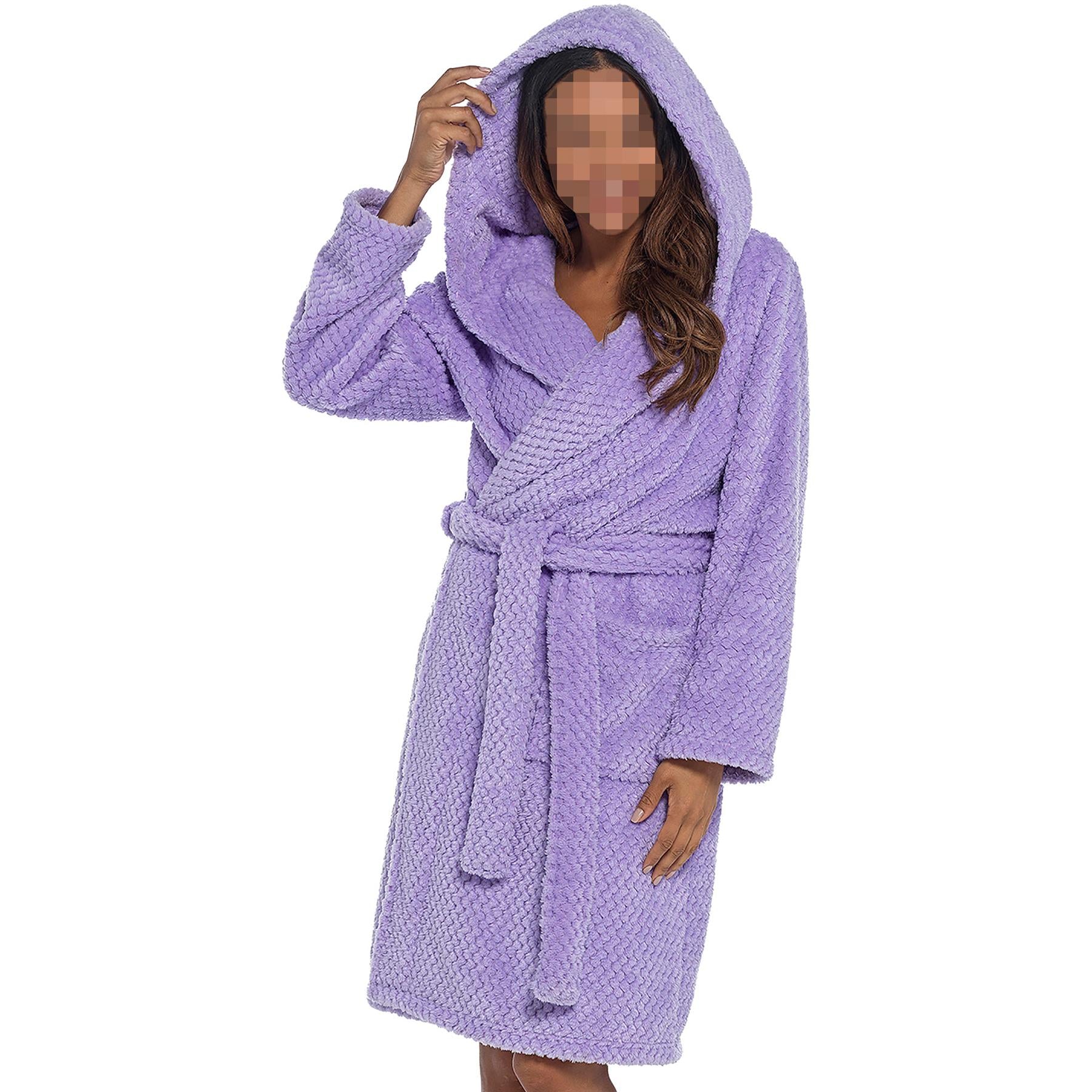 A2Z Women's Luxurious Flannel Fluffy Fleece Robe Honeycomb Hooded Dressing Gown