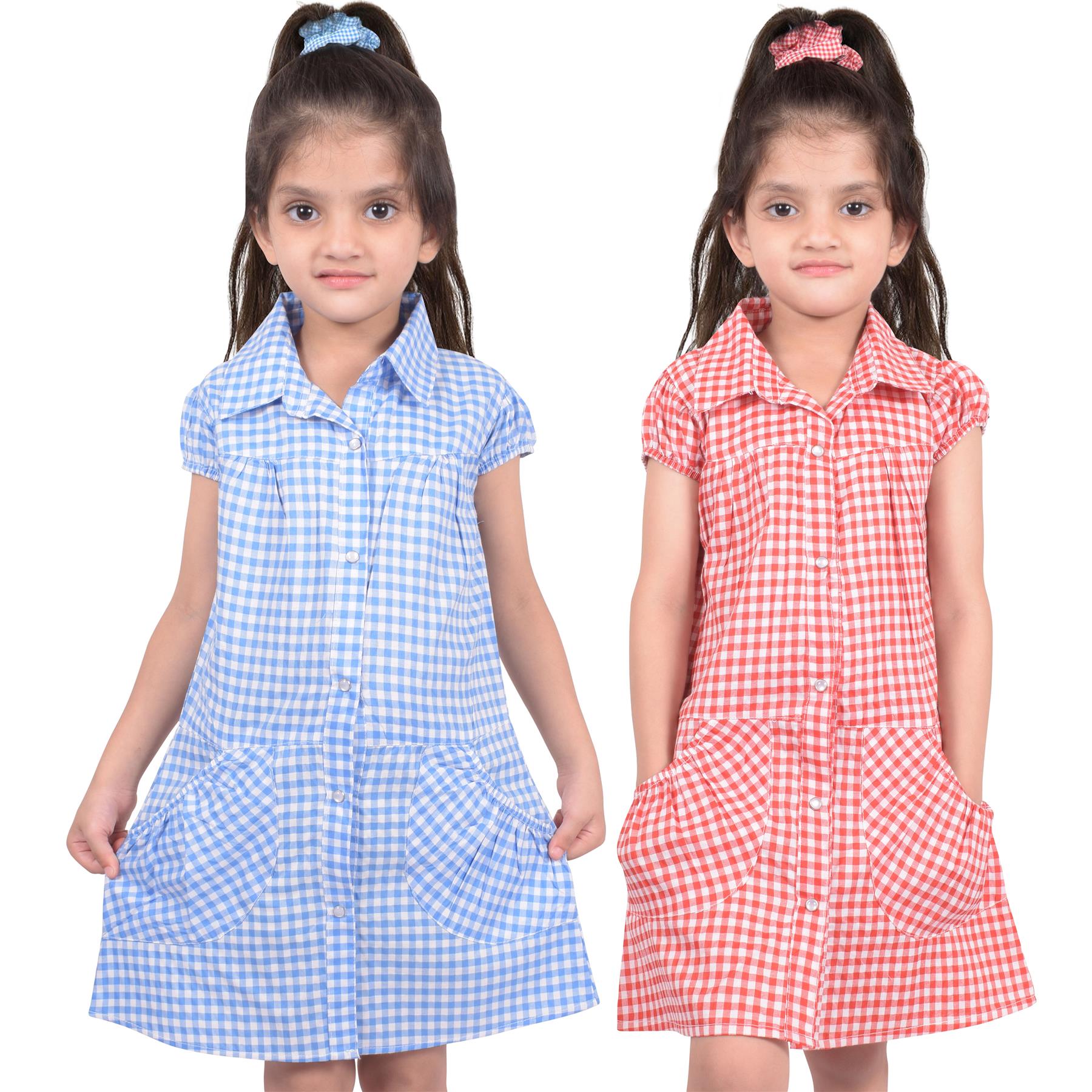 Kids Girls Gingham School Dress Check Printed Dresses With Matching Scrunchies