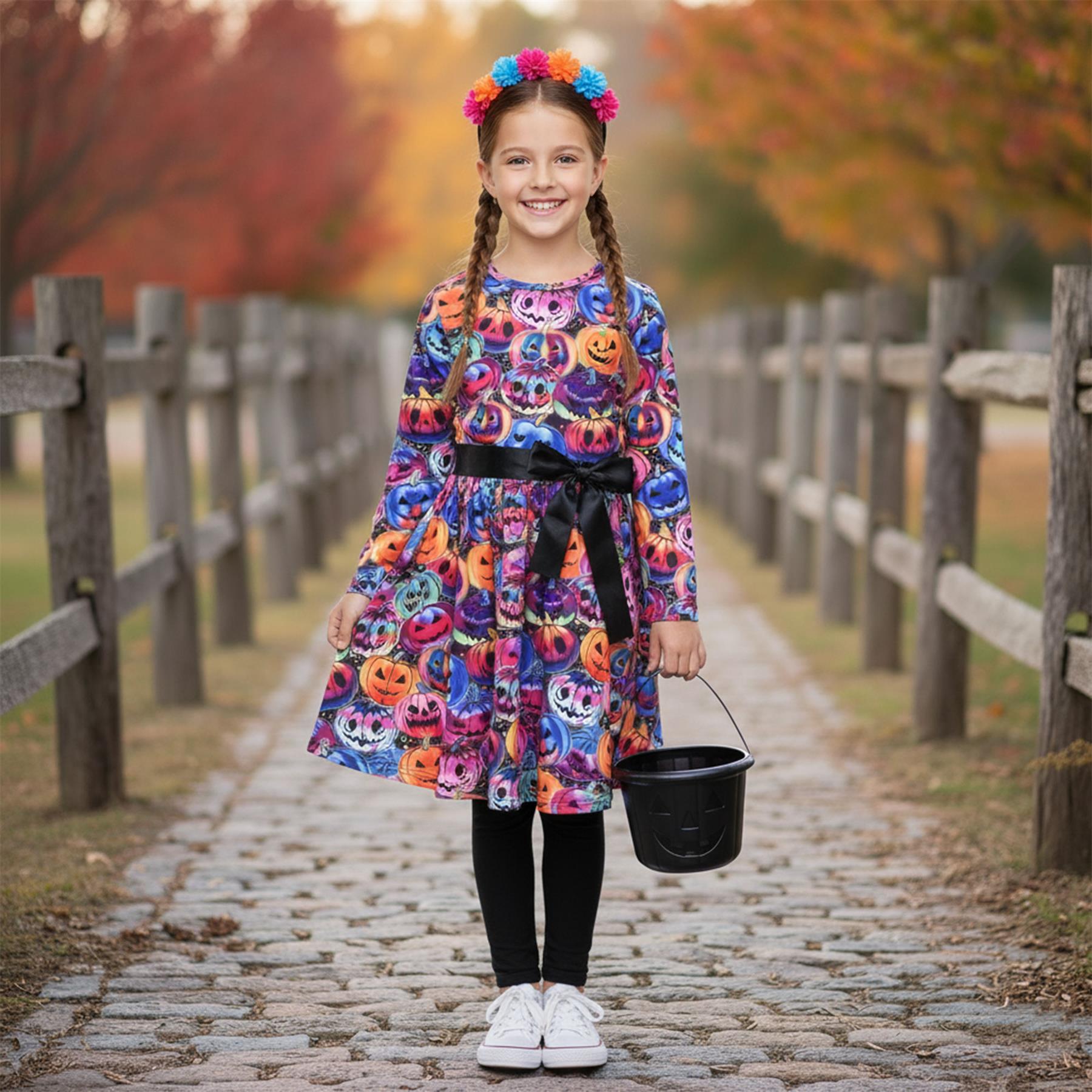 Girls Long Sleeves Multi Color Pumpkins Print Halloween Skater Dress