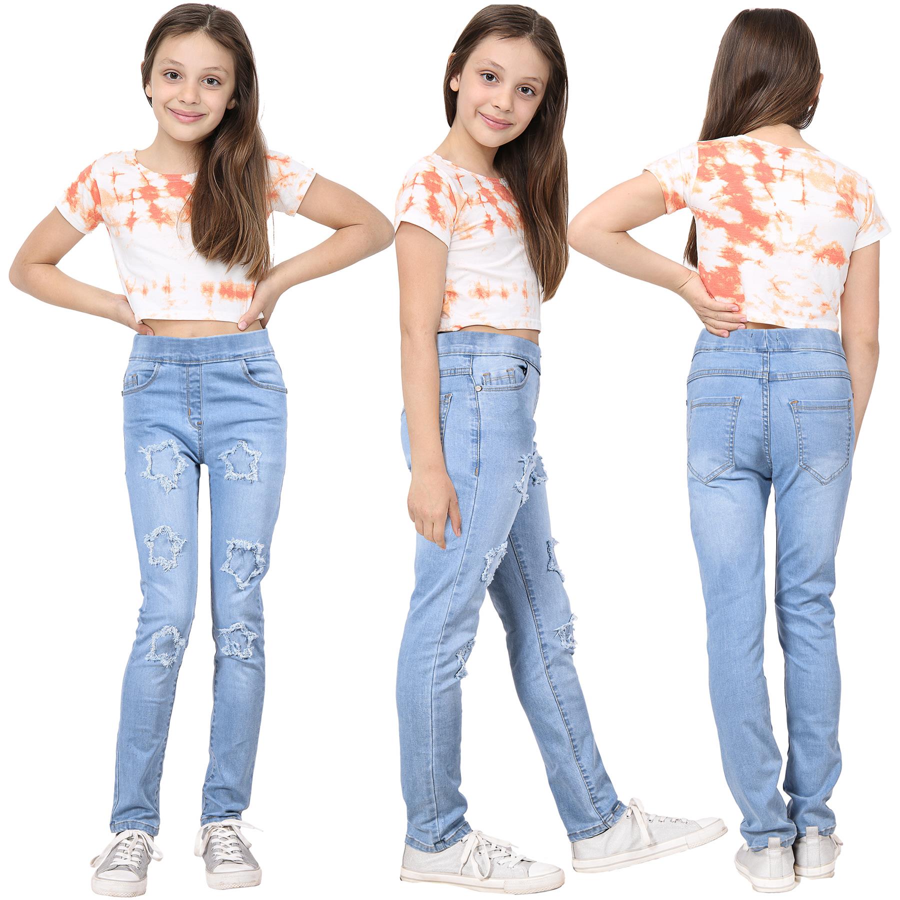 Kids Girls Comfort Stretchy Stars Ripped Light Blue Fashion Denim Jeans