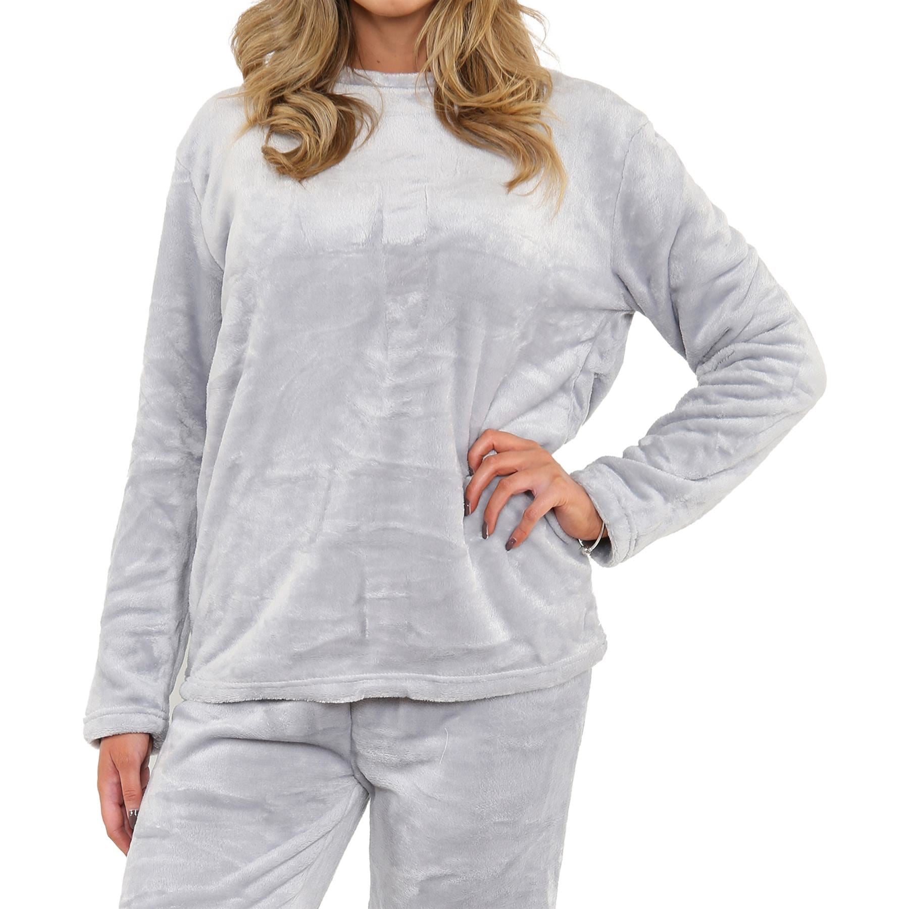 Ladies Pyjamas Soft Warm Fleece Adults Crew Neck Pyjamas 2 Piece Gift Set