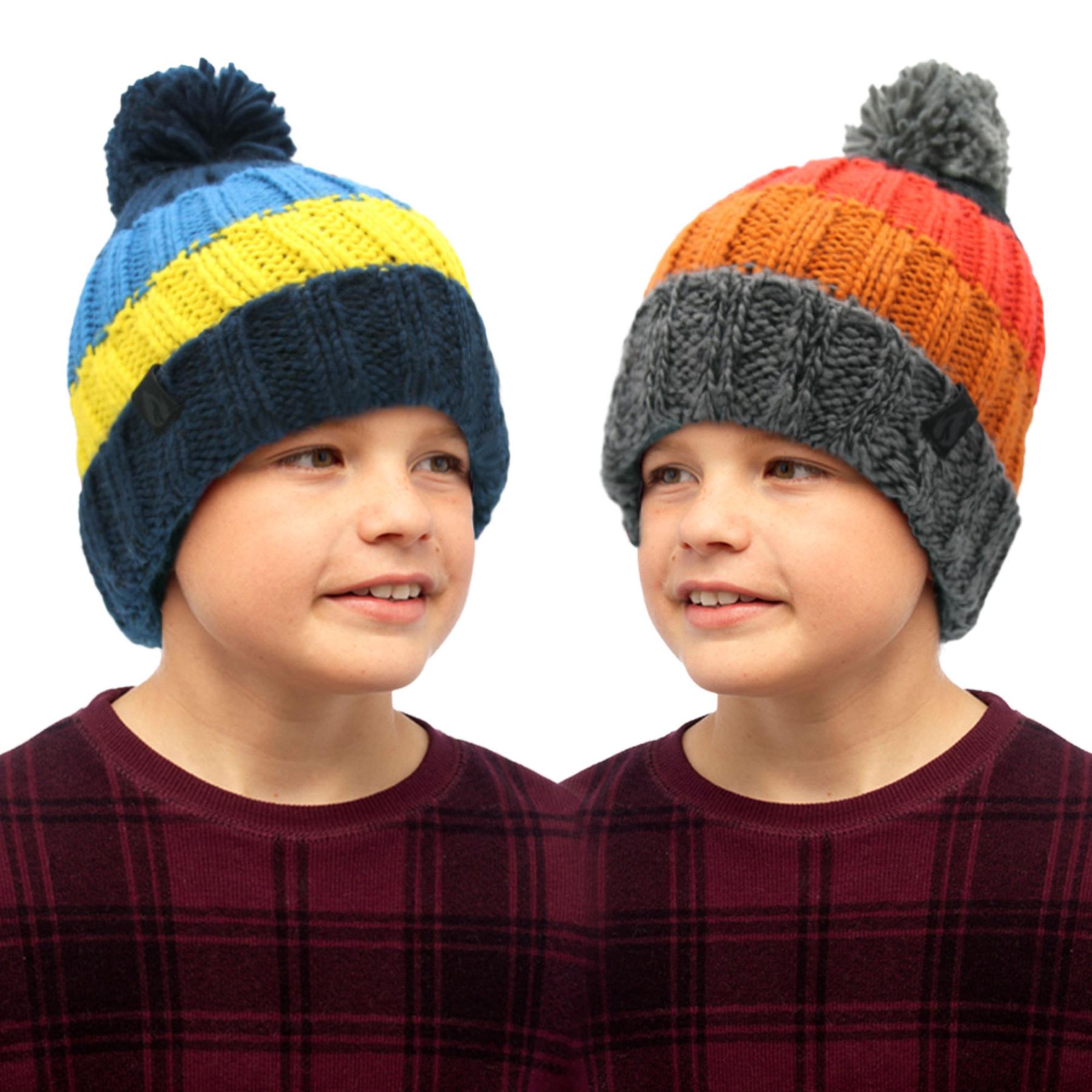 Kids Boys Hat 2 Pack Nordic Block Striped Bobble Knit Pom Pom Winter Warm Hats