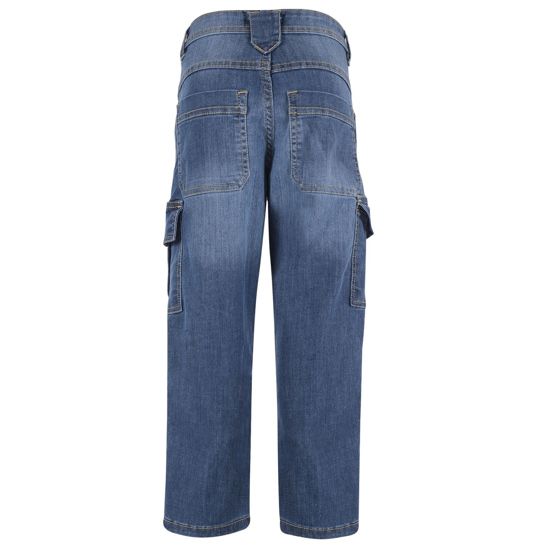 Kids Boys Cargo Denim Pant Mid Blue 6 Pocket Denim Jeans Stretchy Comfort Pant