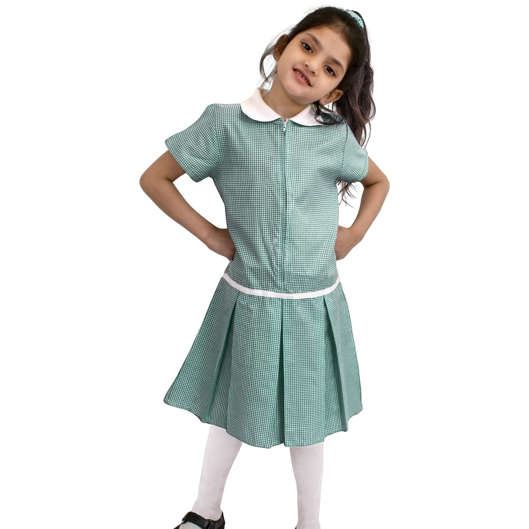 Kids Girls 2 Pack Uniform School Zip Up Gingham Dress With Matching Scrunchies
