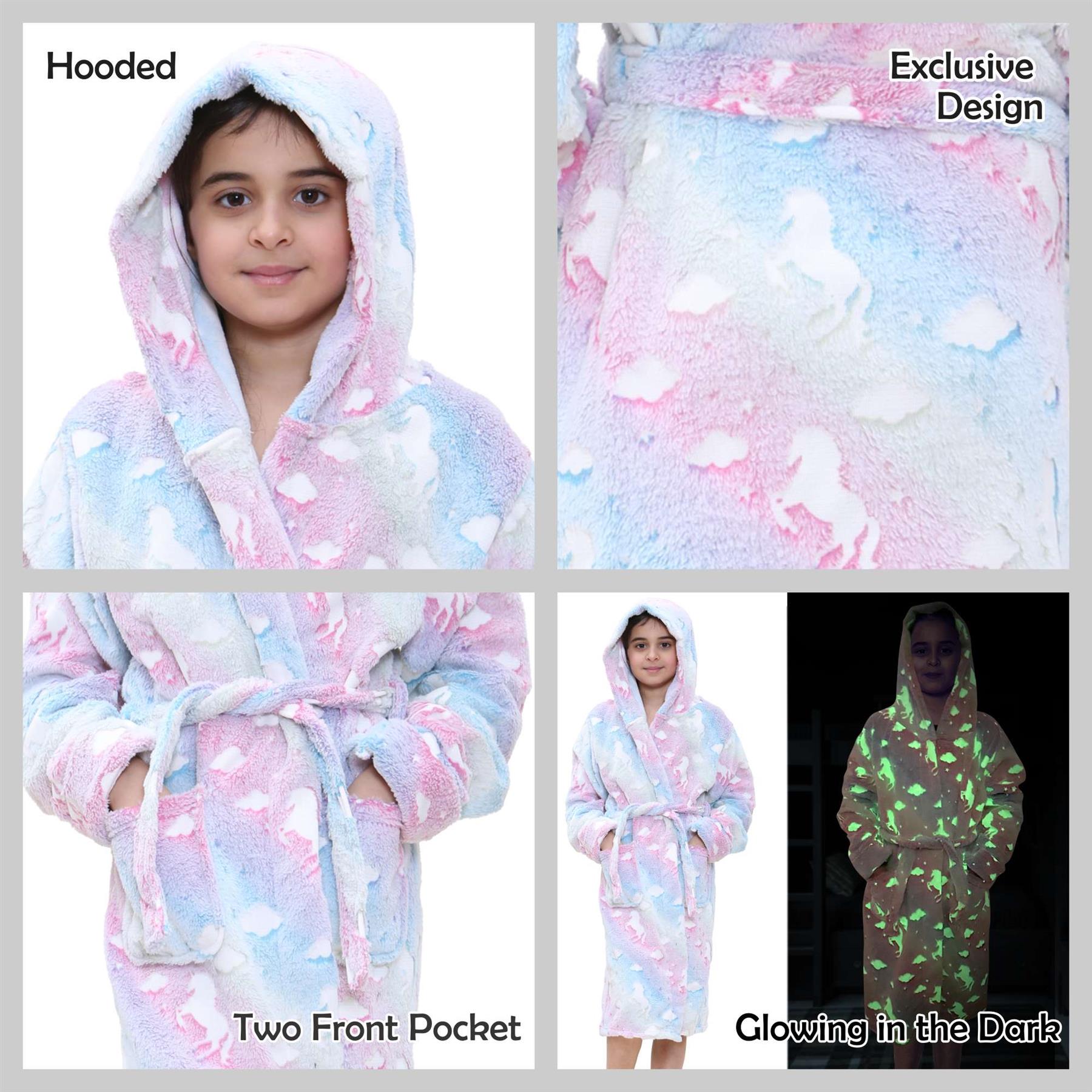 Kids Girls Unicorns Print Soft Glow In The Dark Rainbow Hooded Robe